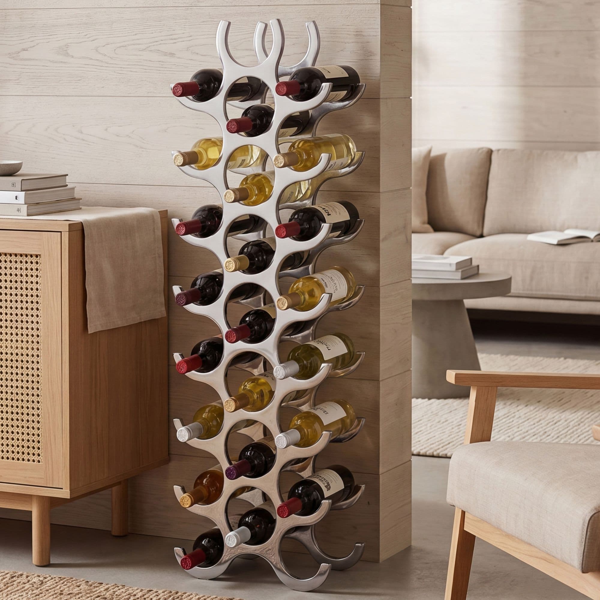 FineBuy Weinregal Design 98 cm für 27 Flaschen Aluminium Silber