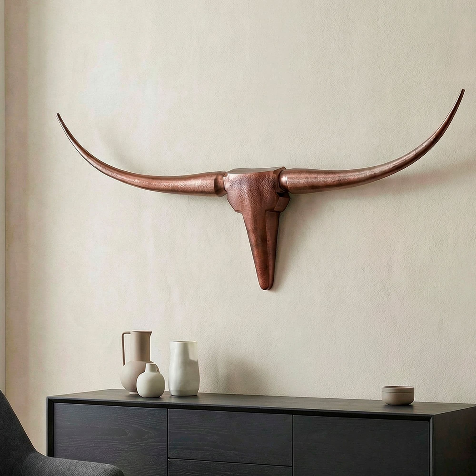 FineBuy Deko Geweih Bull M FB37860 Bronze 100 cm Aluminium Design Hörner, Wanddekoration Stierkopf Horn Modern, Wandskulptur Geweih-Jagdtrophäe Metall, Longhorn Wandschmuck Groß