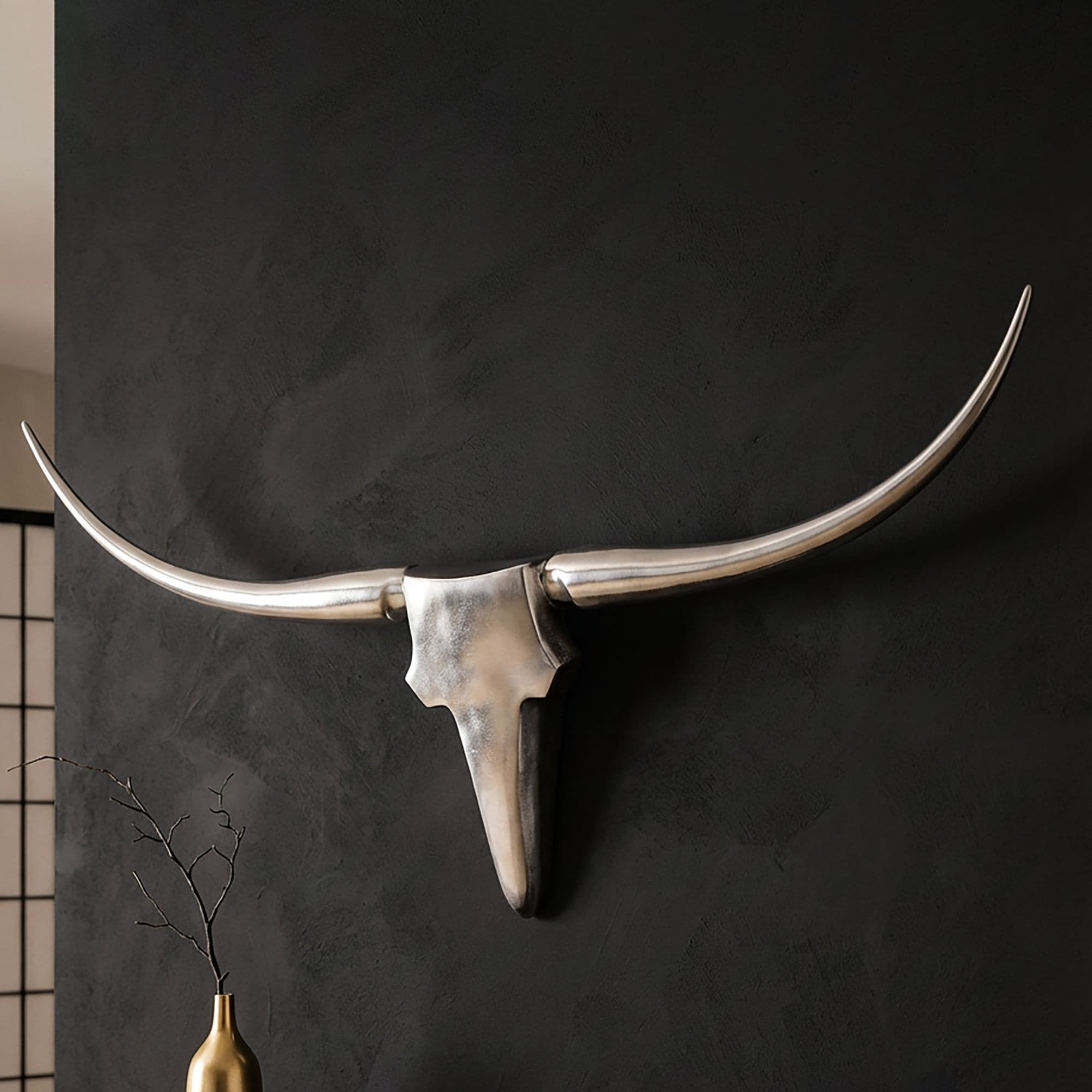FineBuy Bull Geweih L Wanddekoration 125cm breit Alu Aluminium silber Aluminiumdekoration Wand Geweih Wandgestaltung