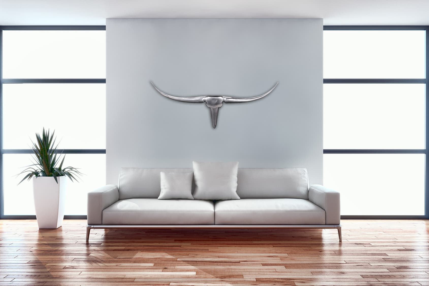 FineBuy Deko Geweih Bull M FB37875 Silber 100 cm Aluminium Design Hörner, Wanddekoration Stierkopf Horn Modern, Wandskulptur Geweih-Jagdtrophäe Metall, Longhorn Wandschmuck Groß