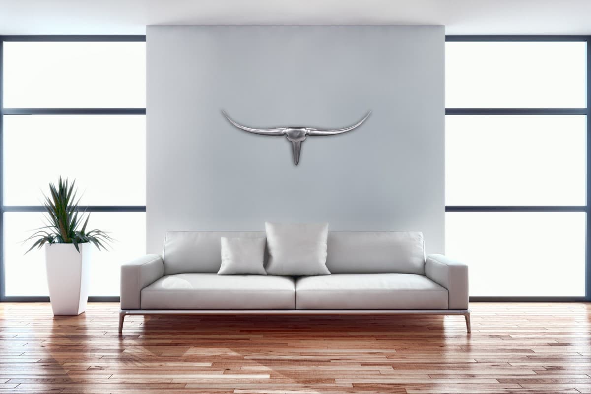 FineBuy Bull Geweih S Wanddekoration 74cm breit Alu Aluminium silber Aluminiumdekoration Wandgeweih Designdekoration