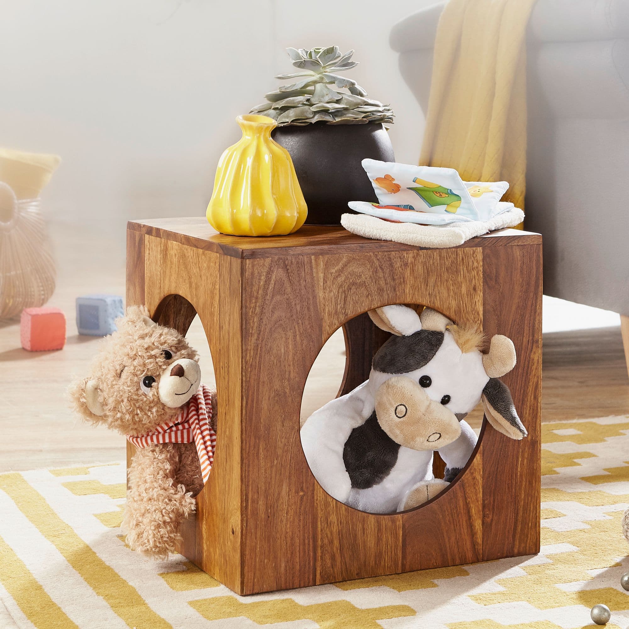 FineBuy Beistelltisch Sheesham Massivholz 35x35x35 cm Cube Wohnzimmertisch, Design Aufbewahrungstisch modern, Kleiner Holztisch in Würfel-Form, Quadratischer Dekotisch mit Stauraum