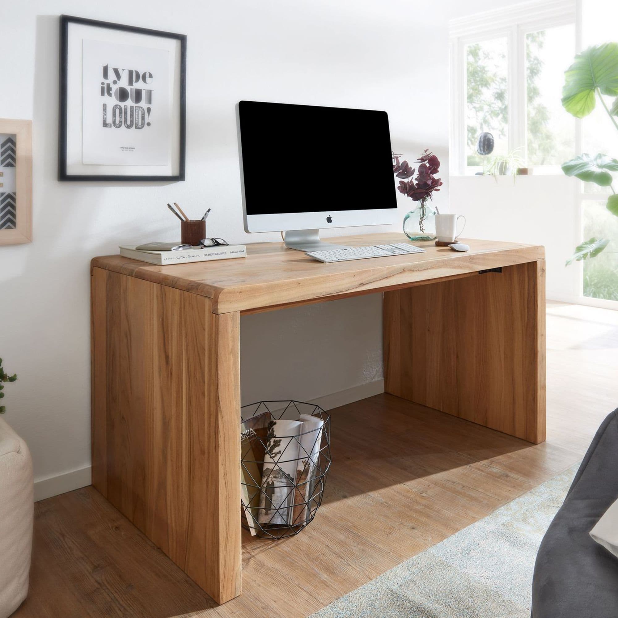 FineBuy Schreibtisch Massiv-Holz Akazie 160 cm Computertisch Echtholz Design Ablage Büro-Tisch Landhaus-Stil