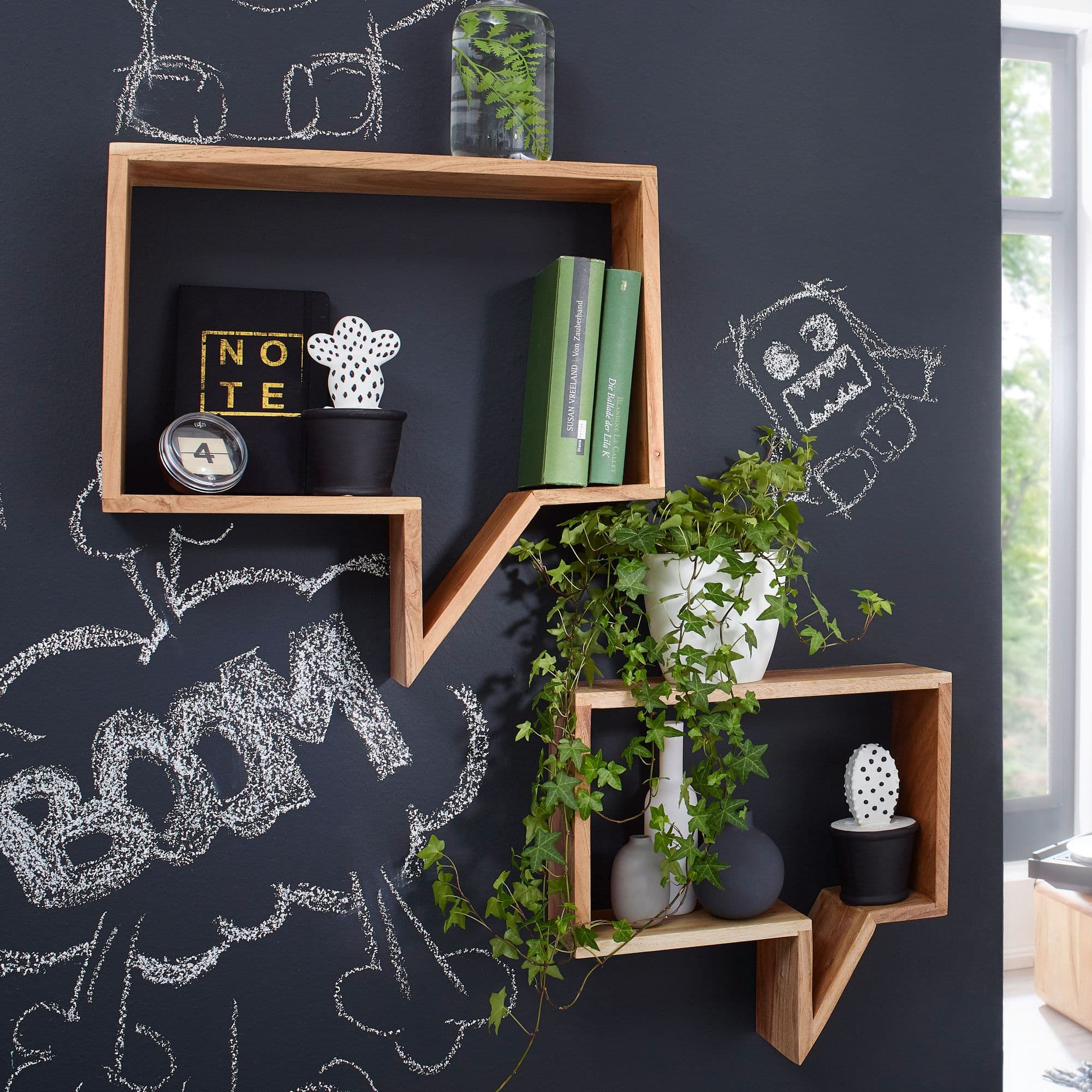 FineBuy 2er Set Wandregale Massivholz Akazie Holzregal Hängeregal Echtholz Design braun Regale zum Aufhängen
