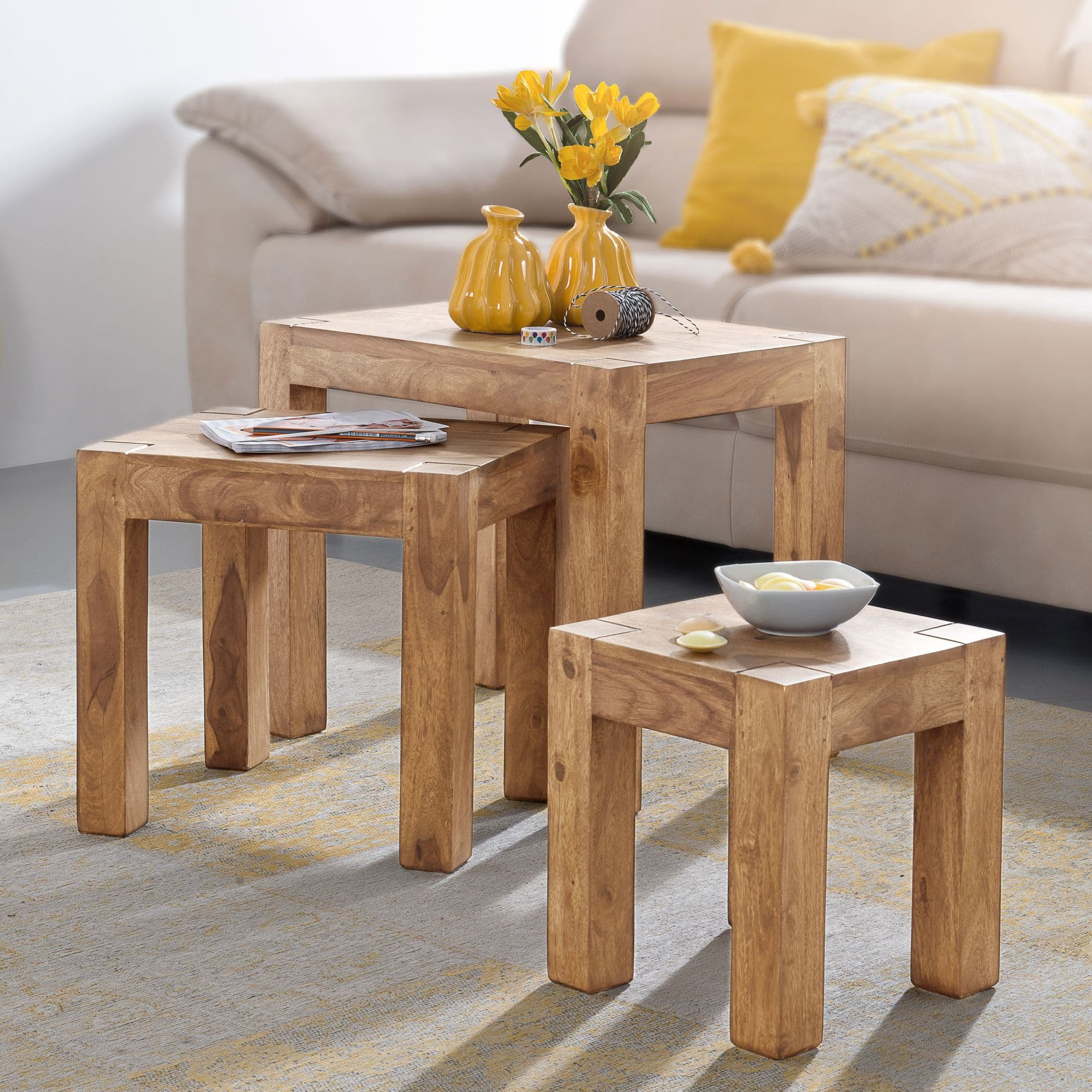 FineBuy 3er Set Satztisch Massiv-Holz Akazie Wohnzimmer-Tisch Landhaus-Stil Beistelltisch dunkel-braun Naturholz