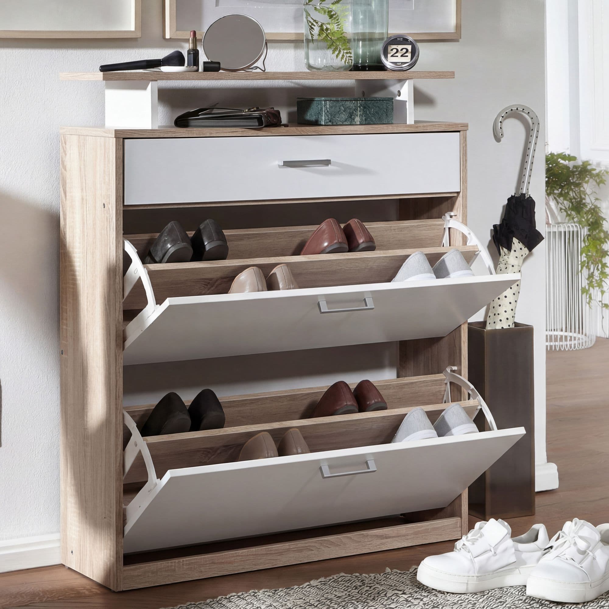 FineBuy Schuhkipper Holz 80x95x24 cm Modern Sonoma Eiche, Design Schuhregal Schuhkipper Schmal, Schuhschrank Schuhaufbewahrung mit Schublade, Flurschrank Schuhablage Regal