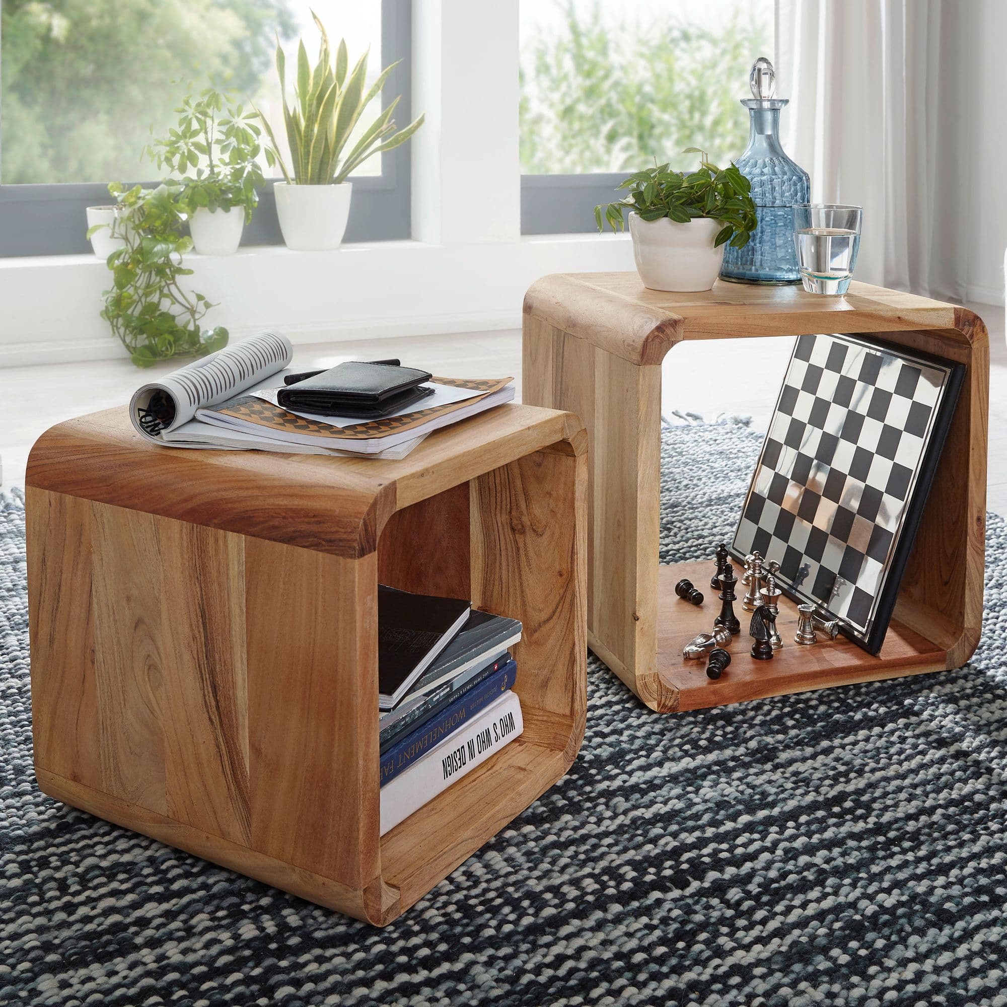 FineBuy 2er Set Satztisch Massivholz Design Couchtisch Akazie 2 Tische, Würfelregal-Set Braun, Wohnzimmertisch Massiv, Beistelltische Holz Landhaus Stil, Holztisch Wohnzimmer |