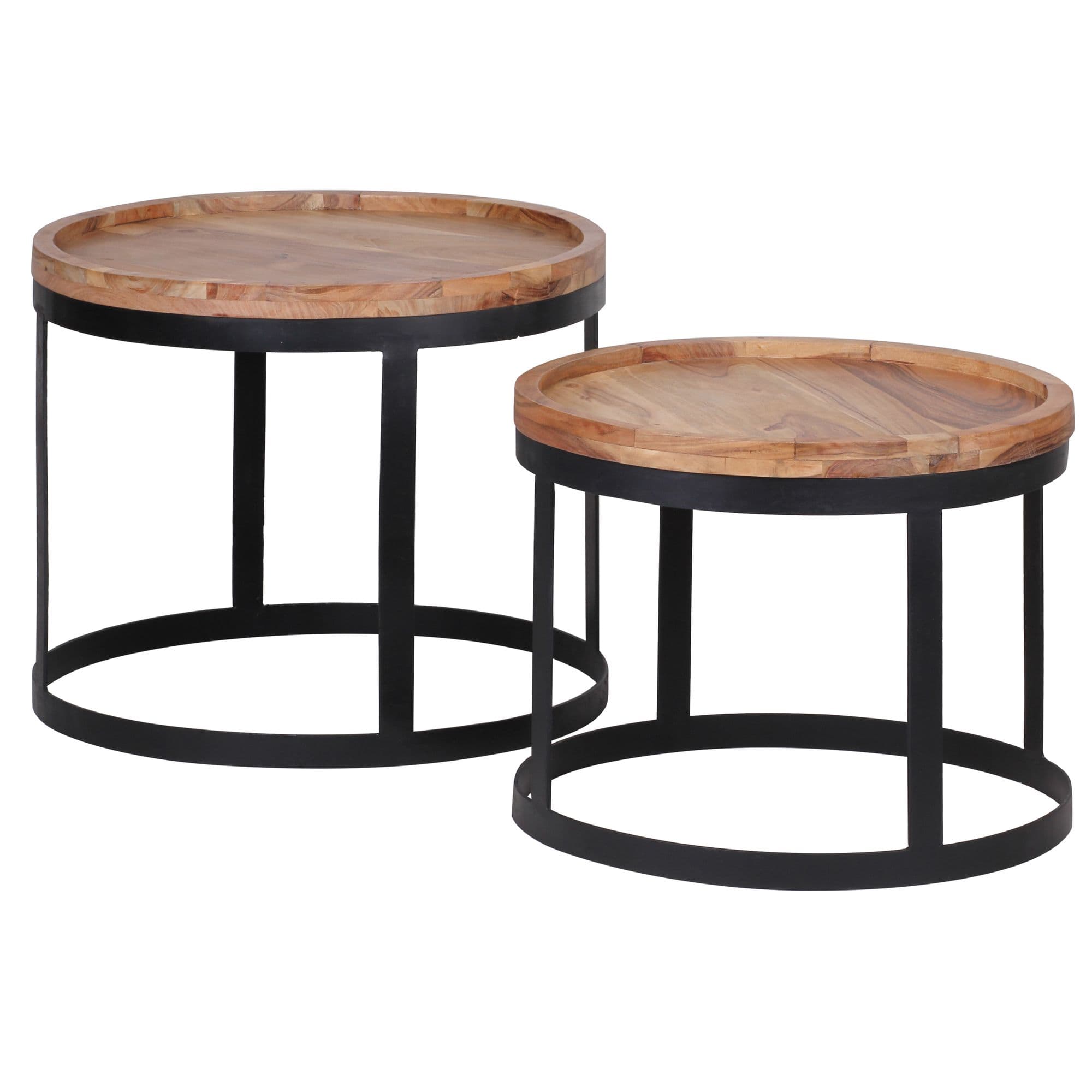 FineBuy Couchtisch 2er Set Massivholz rund · Wohnzimmertisch Set mit schwarzem Metallgestell · Handgefertigte Massivholztische im modernen Industrial Design