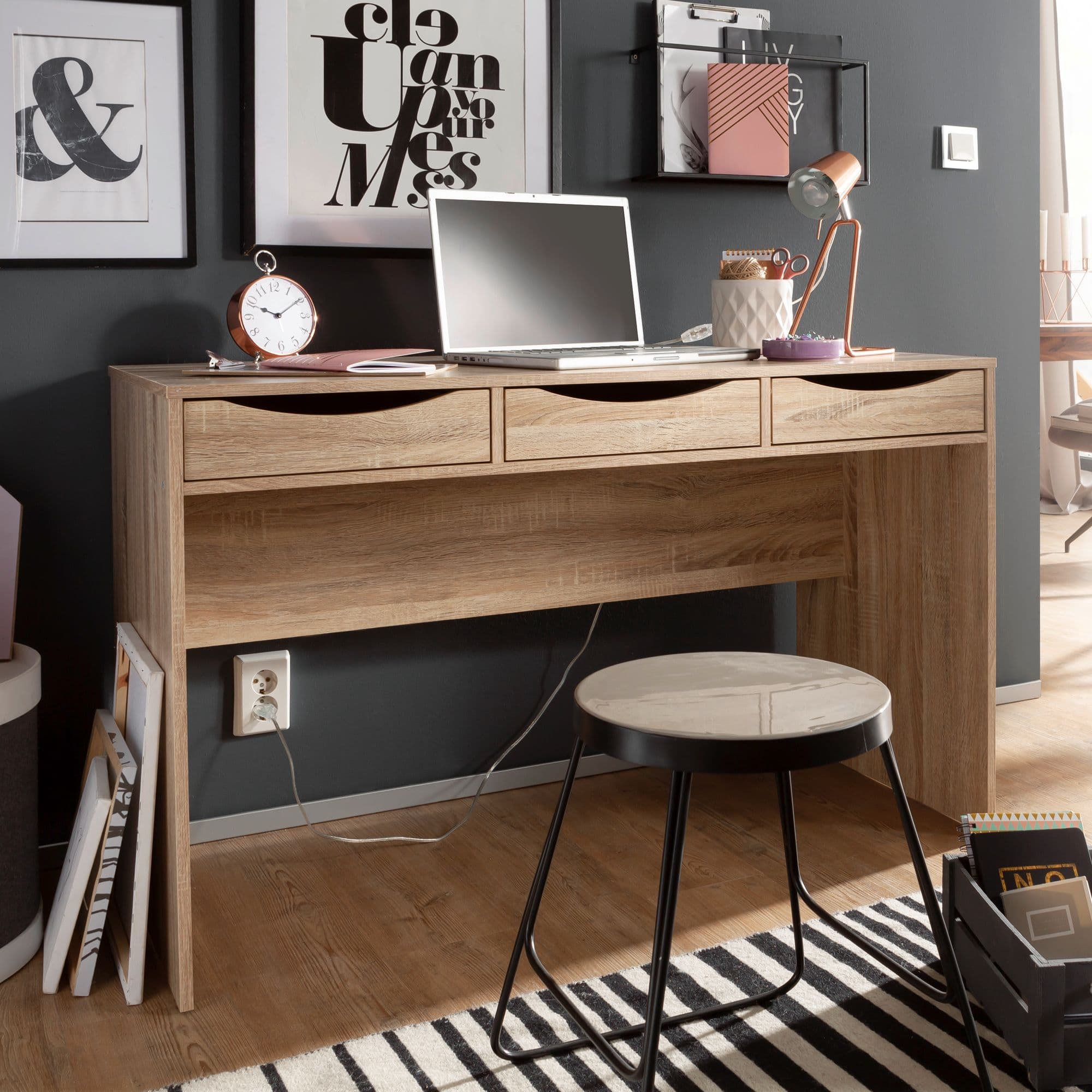 FineBuy Schreibtisch MASSA 120 cm, Design Büro-Tisch in Sonoma Eiche, Moderner Computer-Tisch mit 3 Schubladen und Stauraum, Platzsparender Jugend-Schreibtisch auch für Laptop geeignet