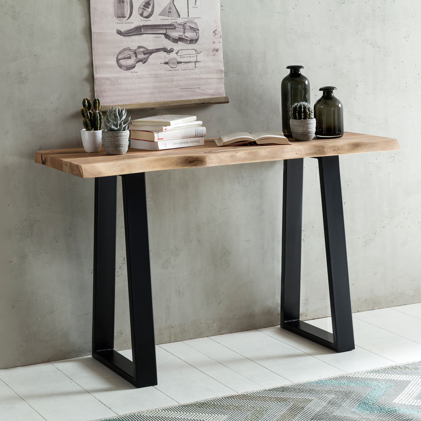 Massiver Konsolentisch GAYA 120 x 45 cm Akazie Massiv Holz Baumkante mit Metallbeinen, Schmaler Design Schreibtisch Baumstamm, MassivholzTisch Konsole