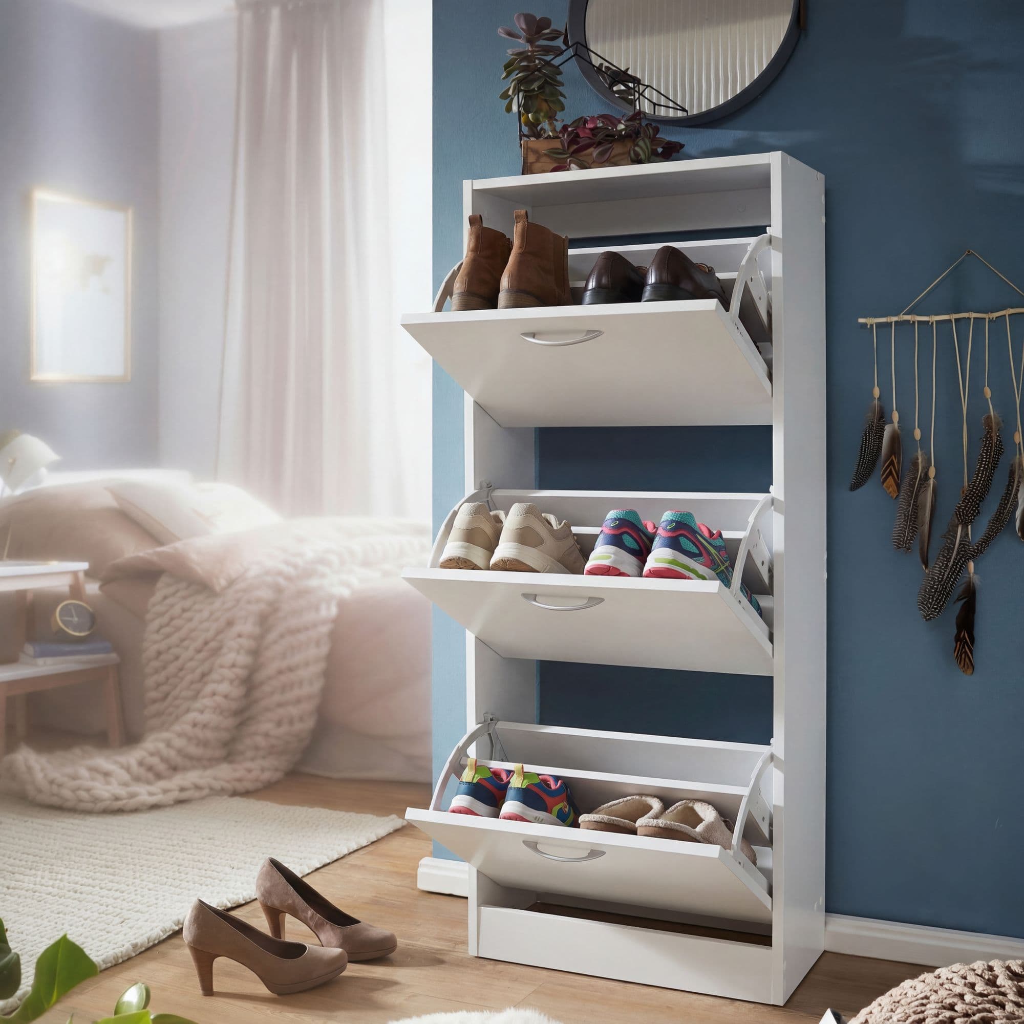 FineBuy Schuhkipper mit 3 Fächern für 18 Paar Schuhe, Moderner Schuhschrank in Weiß, Schuhkommode 50 x 24 x 125 cm
