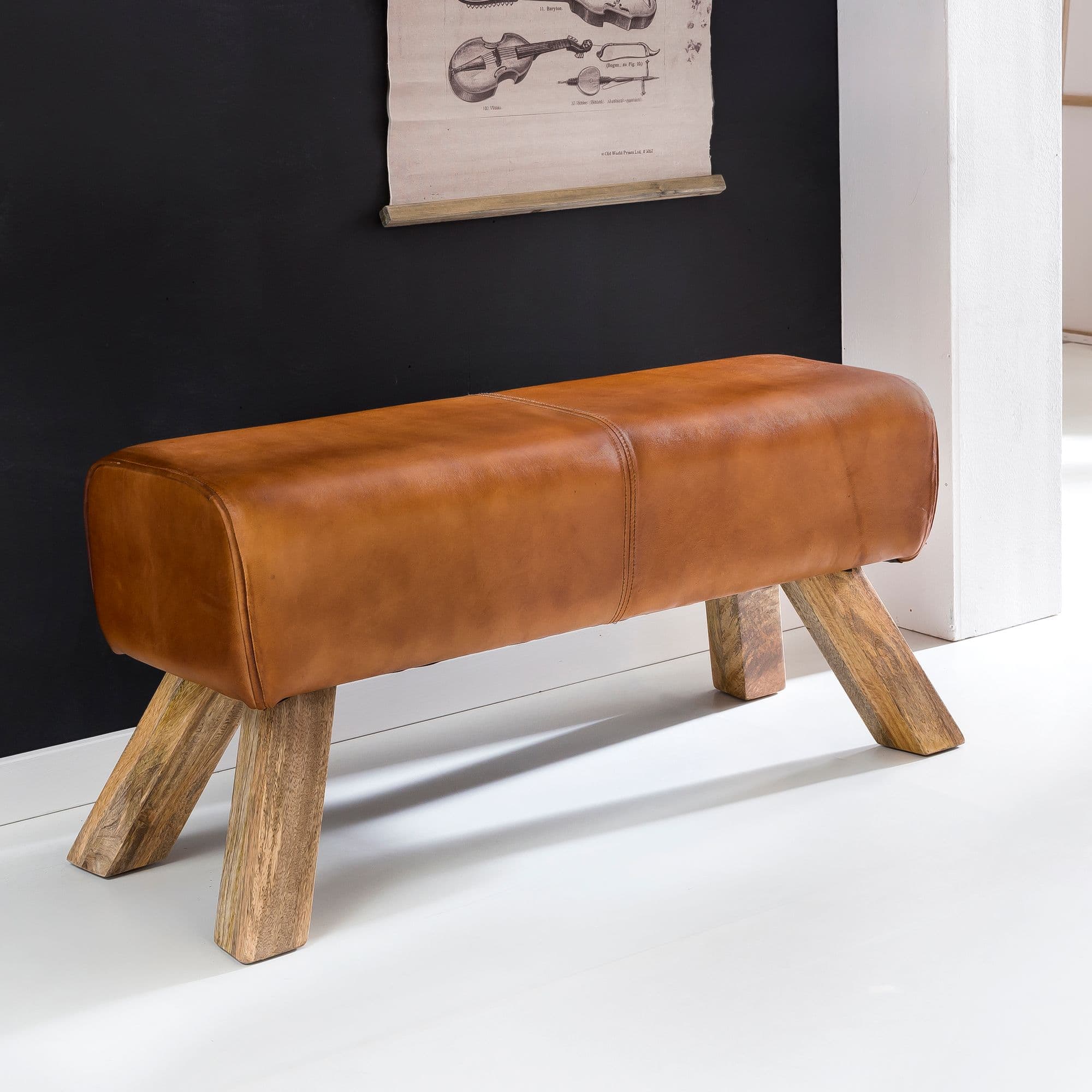 FineBuy Design Sitzbank Turnbock 90cm Cognac Echtleder Mangoholz Retro Sitzhocker, Lederhocker mit Holzbeinen, Sprinbock Hocker, Garderobenbank
