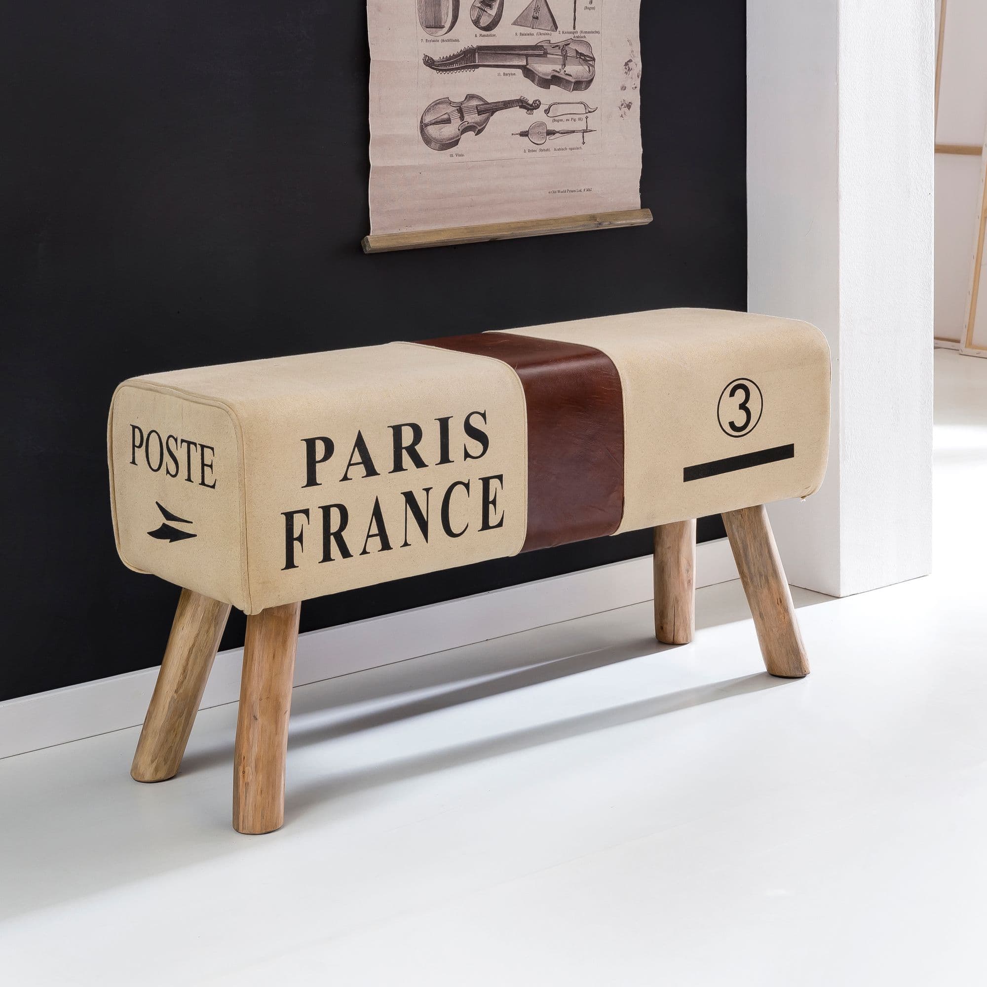 FineBuy Design Sitzbank POSTE Turnbock 90cm Stoff & Mangoholz - Retro Sitzhocker - Hocker mit Holzbeinen - Sprinbock - Garderobenbank