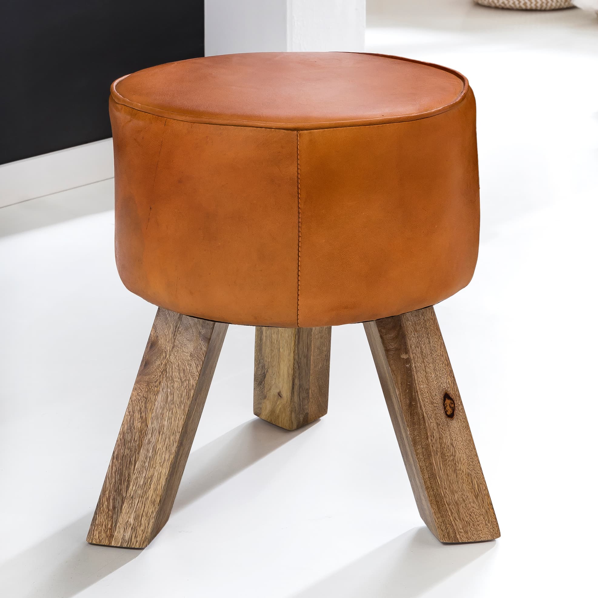FineBuy Design Sitzhocker FB45553 Holz 37x45x37 cm Modern Fußhocker Rund, Turnbock Lederhocker Holzbeine, Hocker Massivholz mit Leder, Kleiner Fußhocker Gepolstert, Holzhocker mit Echtleder Braun