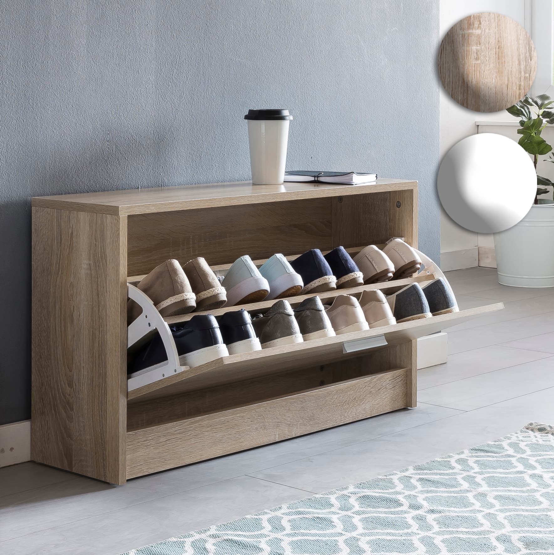 FineBuy Schuhbank SPLIT mit Sitzfläche Schuhkipper Holz 80 x 47 x 24 cm, Flurbank klein geschlossen, Sitzbank schmal Flur mit Stauraum, Schuhschrank einzeln Garderobenbank Bank Flurmöbel