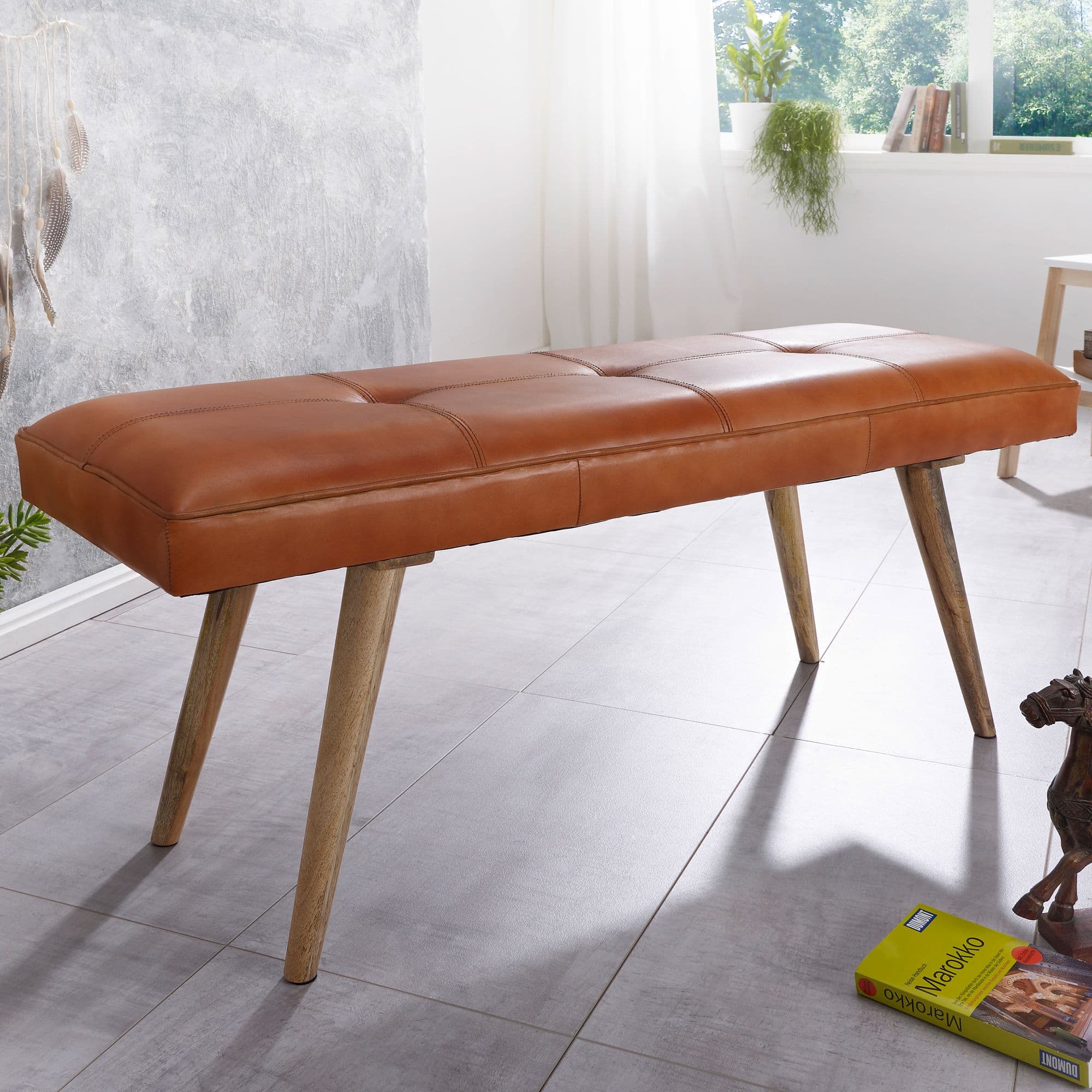 FineBuy gepolsterte Sitzbank 120cm Massivholz Echtleder Braun - Polsterbank für Garderobe, Schlafzimmer & Wohnzimmer - Garderobenbank Eingangsbereich