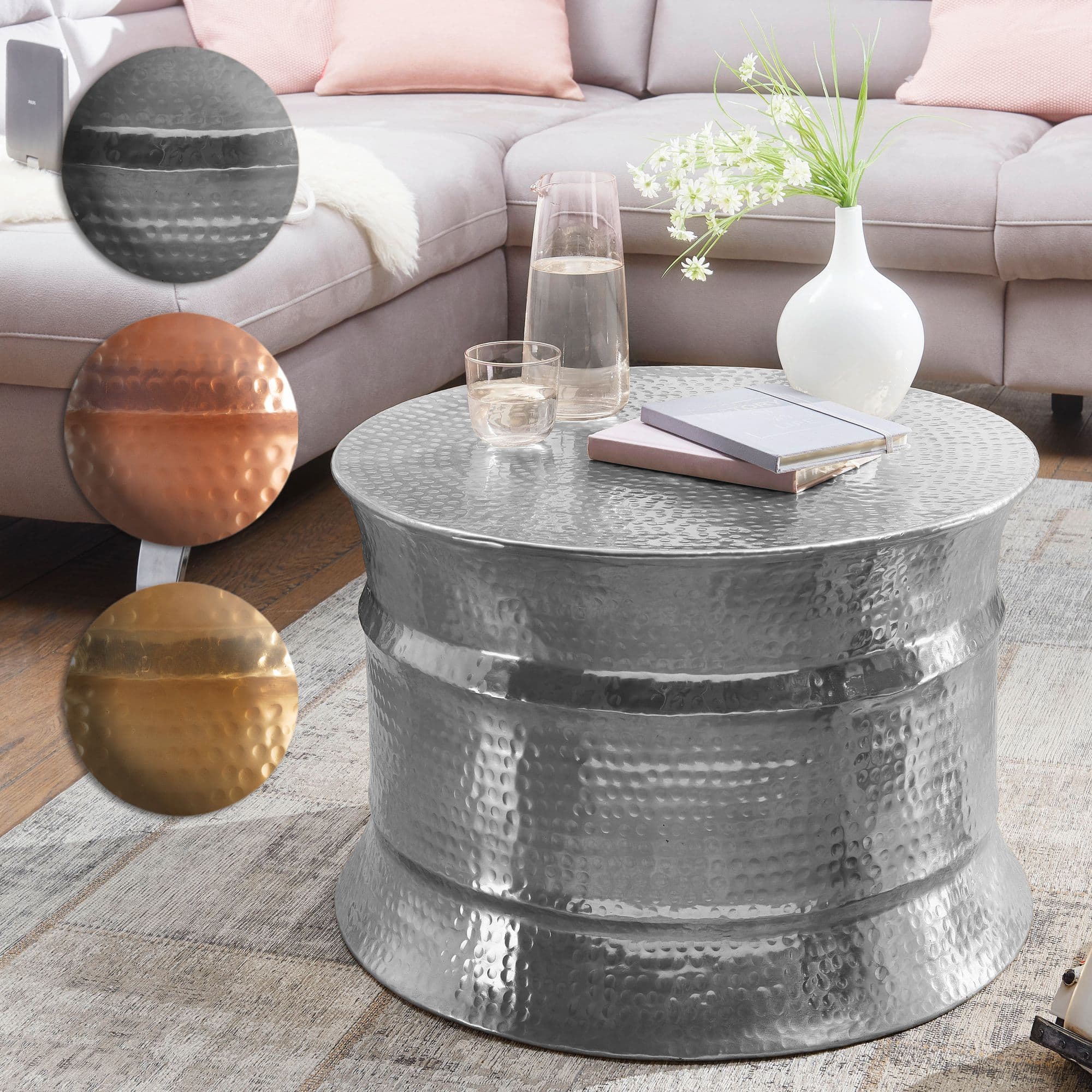 FineBuy Design Couchtisch rund 60 cm aus Metall - Handgefertigter Aluminium Wohnzimmertisch mit Hammerschlag - Orientalischer runder Alu Sofatisch