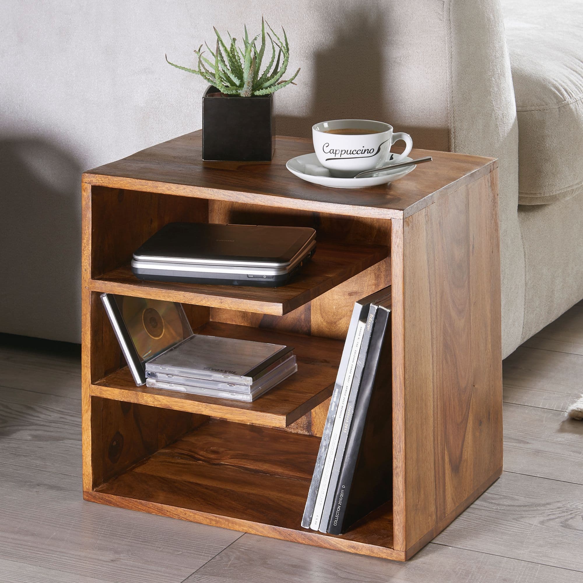 FineBuy Beistelltisch 43x43x30 cm Sheesham Massivholz Design Nachttisch, Kleiner Wohnzimmertisch mit Ablagen, Designer Holztisch massiv, Nachtkonsole Nachtkommode Holz, Anstelltisch modern