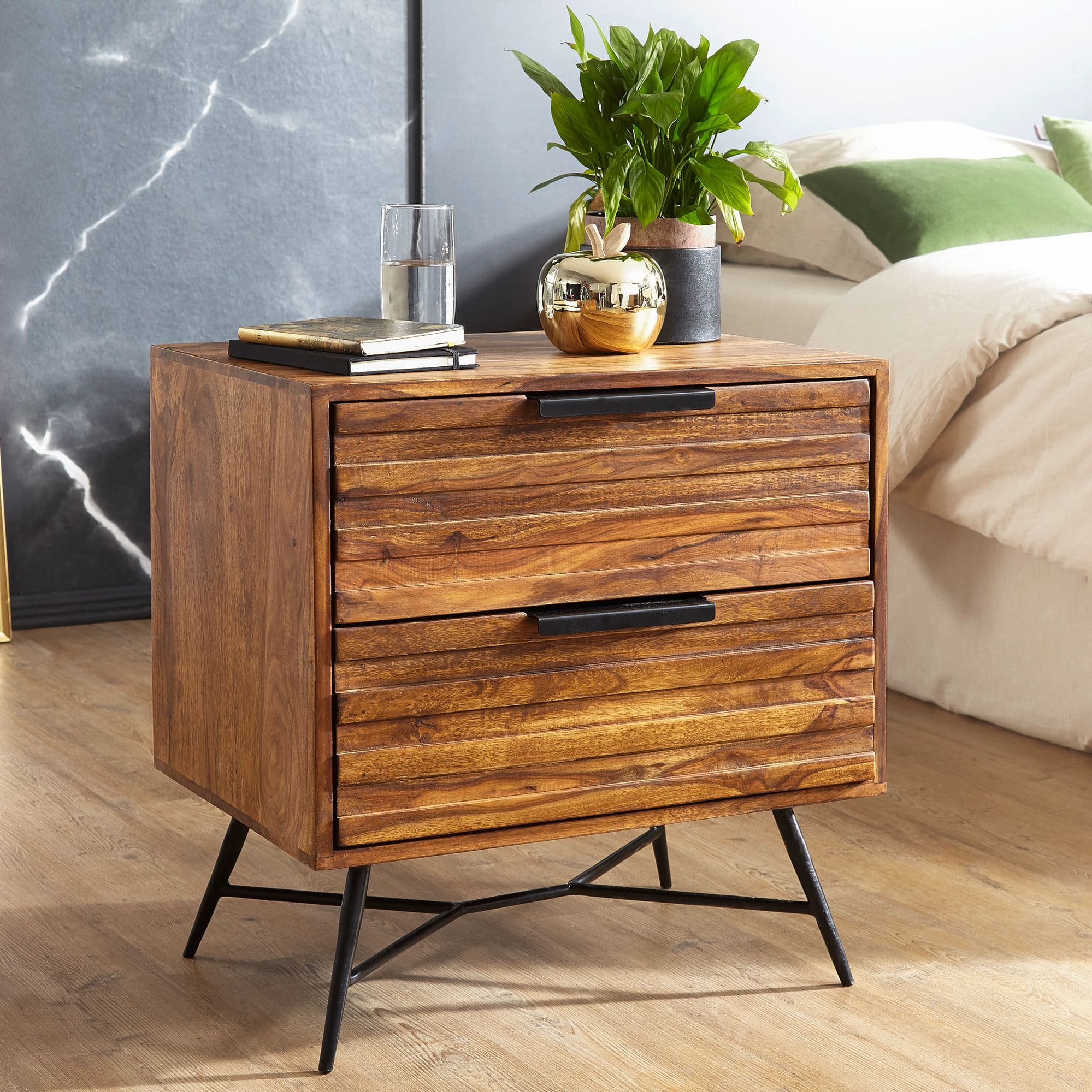 FineBuy Nachtkonsole Sheesham Massivholz mit 2 Schubladen – Nachttisch im Industrial Design mit Metallbeinen, Boxspring Nachtkästchen fürs Schlafzimmer 60x60x40 cm