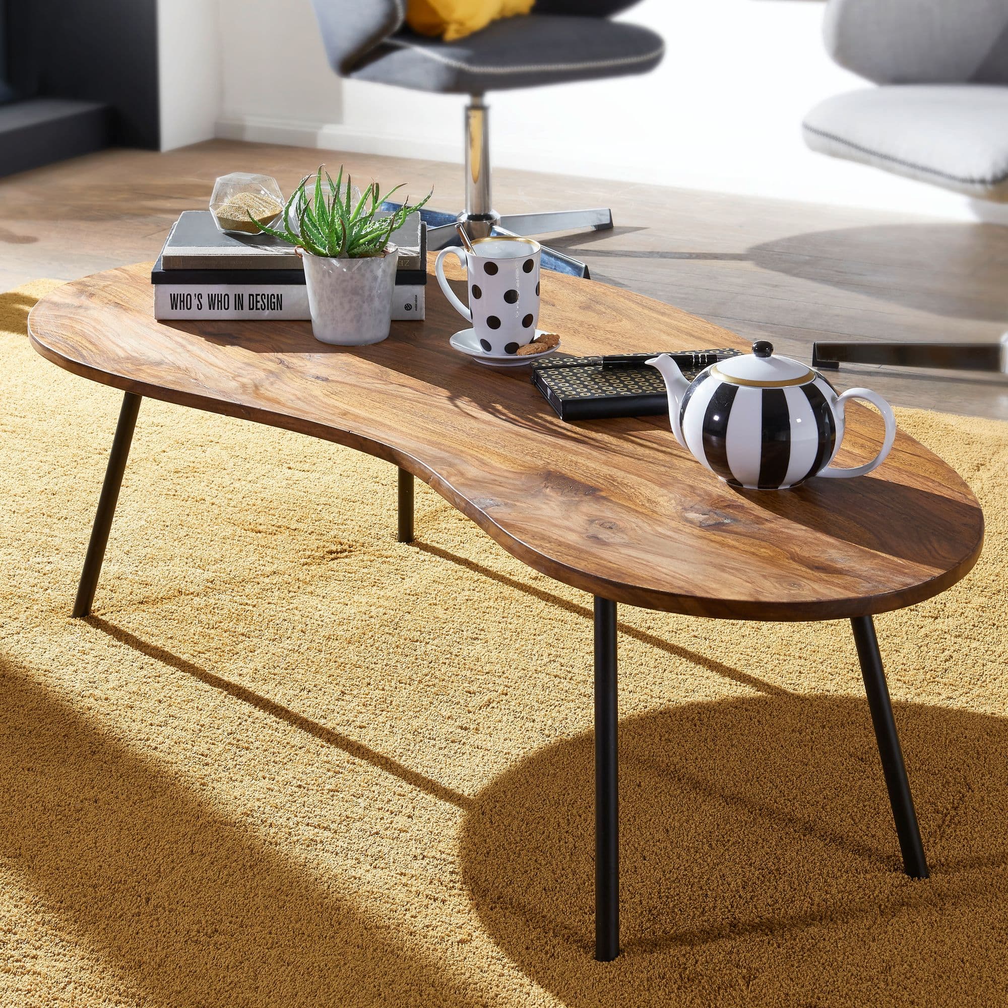 FineBuy Couchtisch Sheesham Massivholz 122x63 cm · Wohnzimmertisch im Retro Design · Nierenform 50er Stil · Handgefertigt mit Metallbeinen