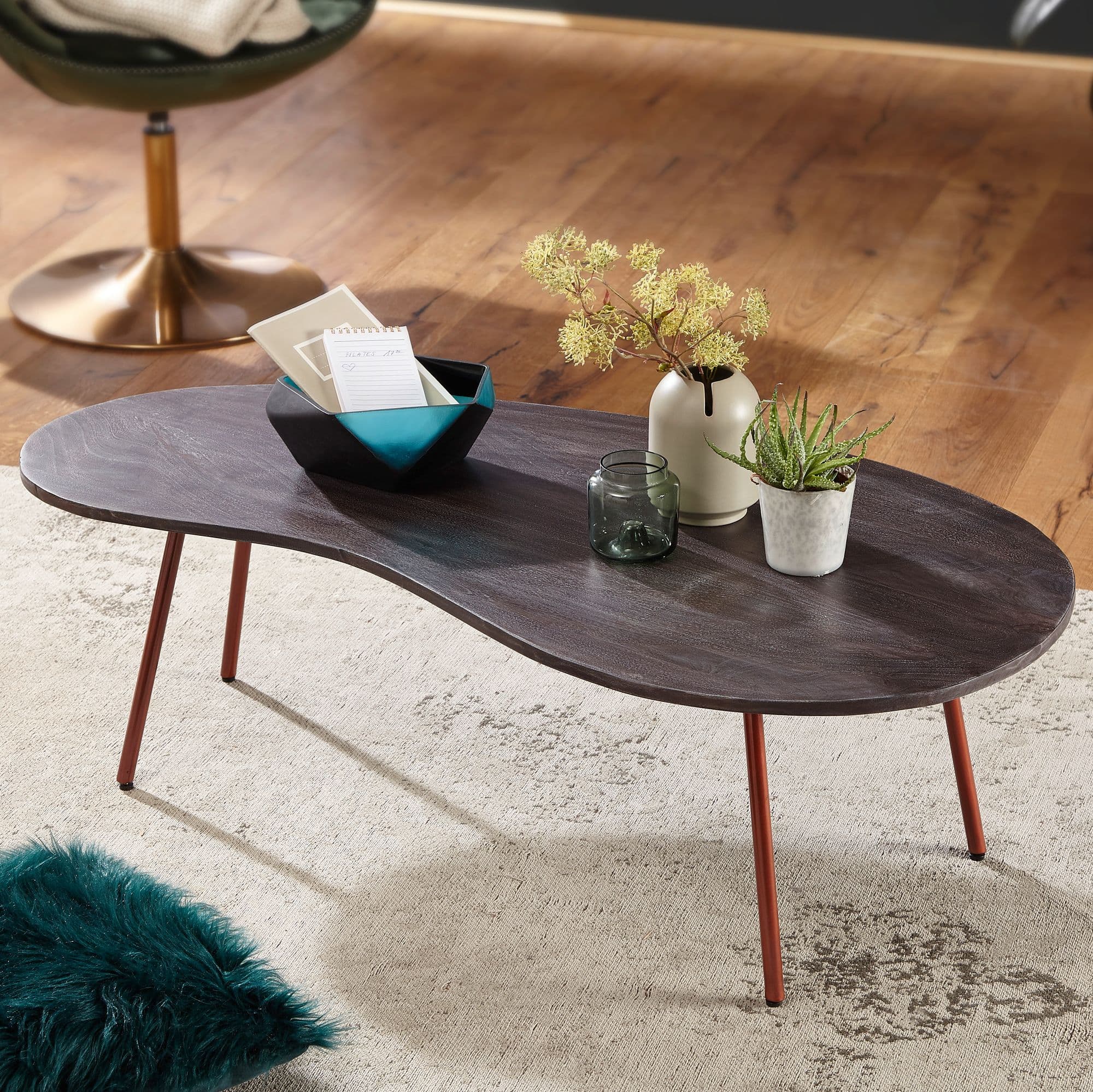 FineBuy Couchtisch Akazie Grey Massivholz 122 cm · Wohnzimmertisch in Nierenform Metallbeinen · Handgefertigter Design Tisch Retro organische Form