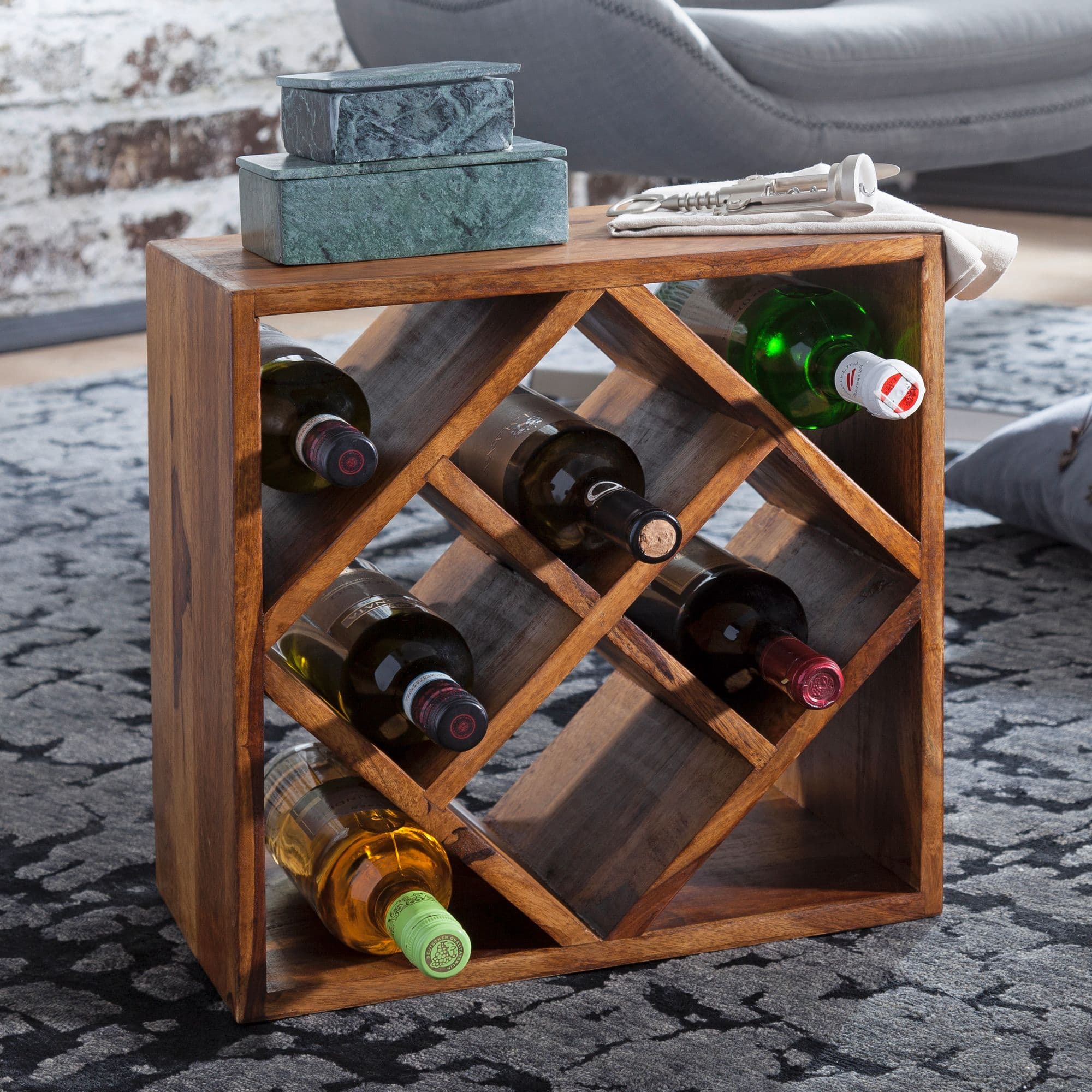 FineBuy Weinregal Massiv-Holz 40x40x25 cm klein stehend, Design Flaschenregal für die Küche, Standregal schmal für 8 Flaschen