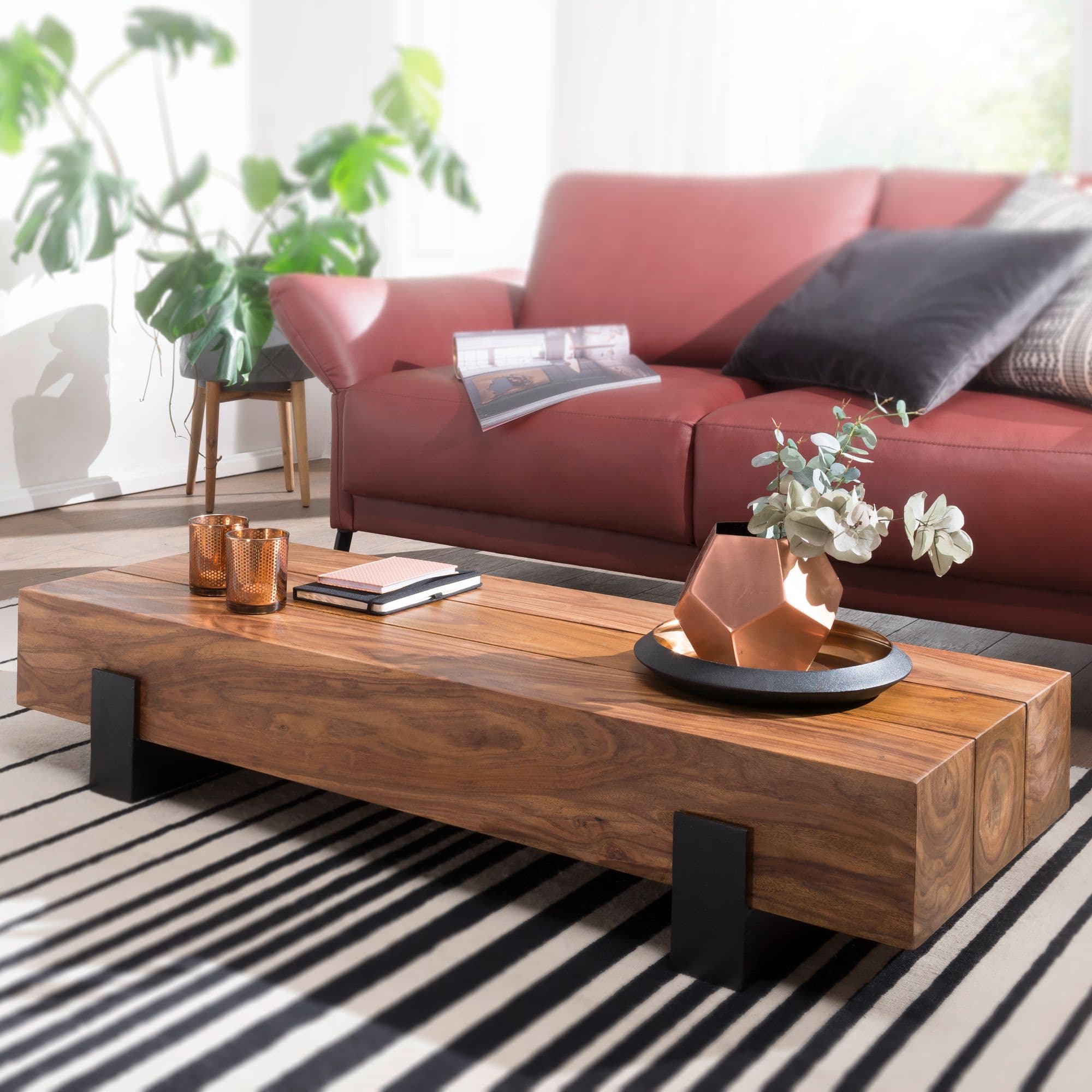 FineBuy Couchtisch Sheesham Massivholz rechteckig 115cm – Wohnzimmertisch im modernen Industrial Block Design mit Metallfüßen | Handgefertigter Holztisch