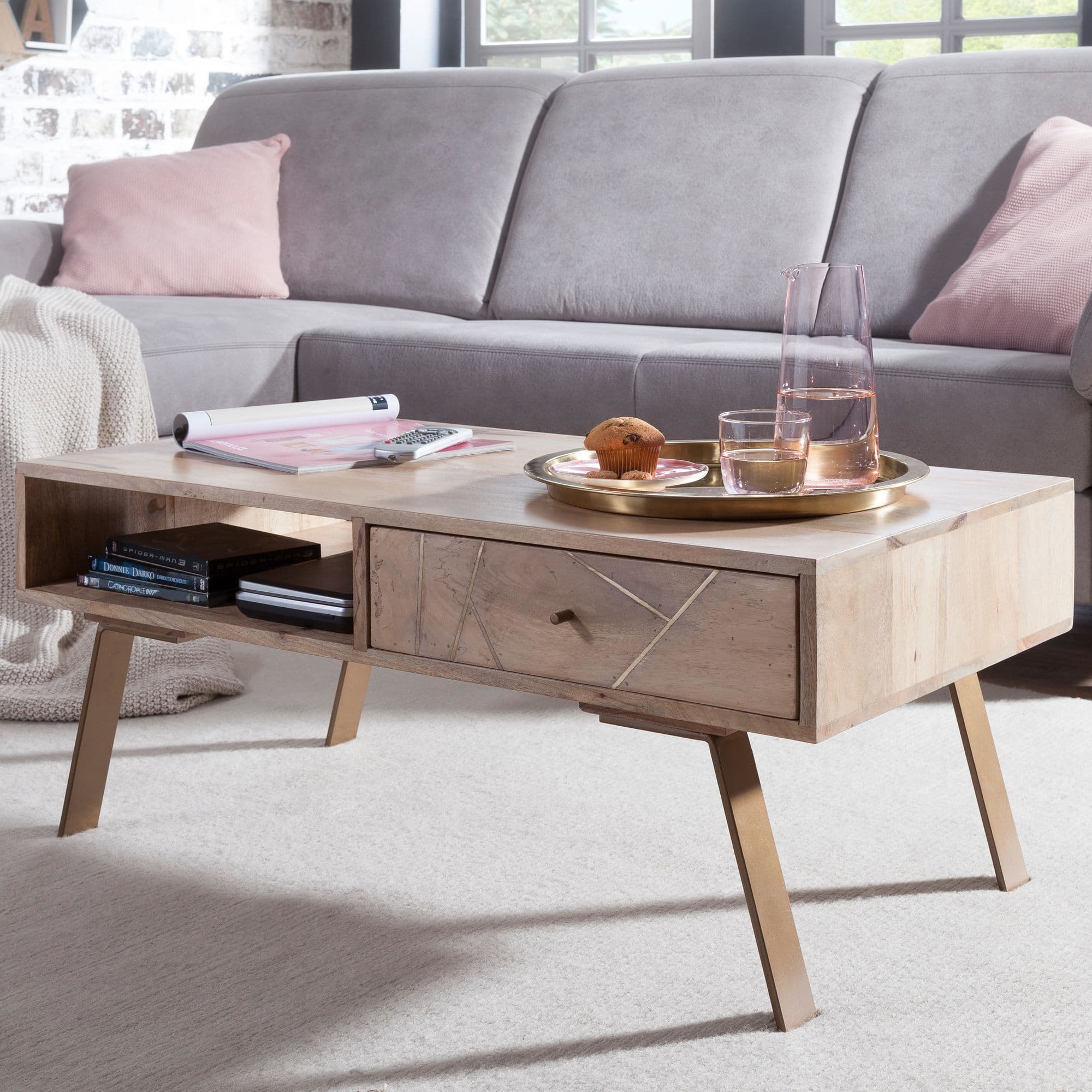 FineBuy Couchtisch Mango Massivholz rechteckig 95cm · Wohnzimmertisch mit Schublade & Ablagefach · Landhausstil Massivholztisch mit Metallbeinen im modernen Retro Design