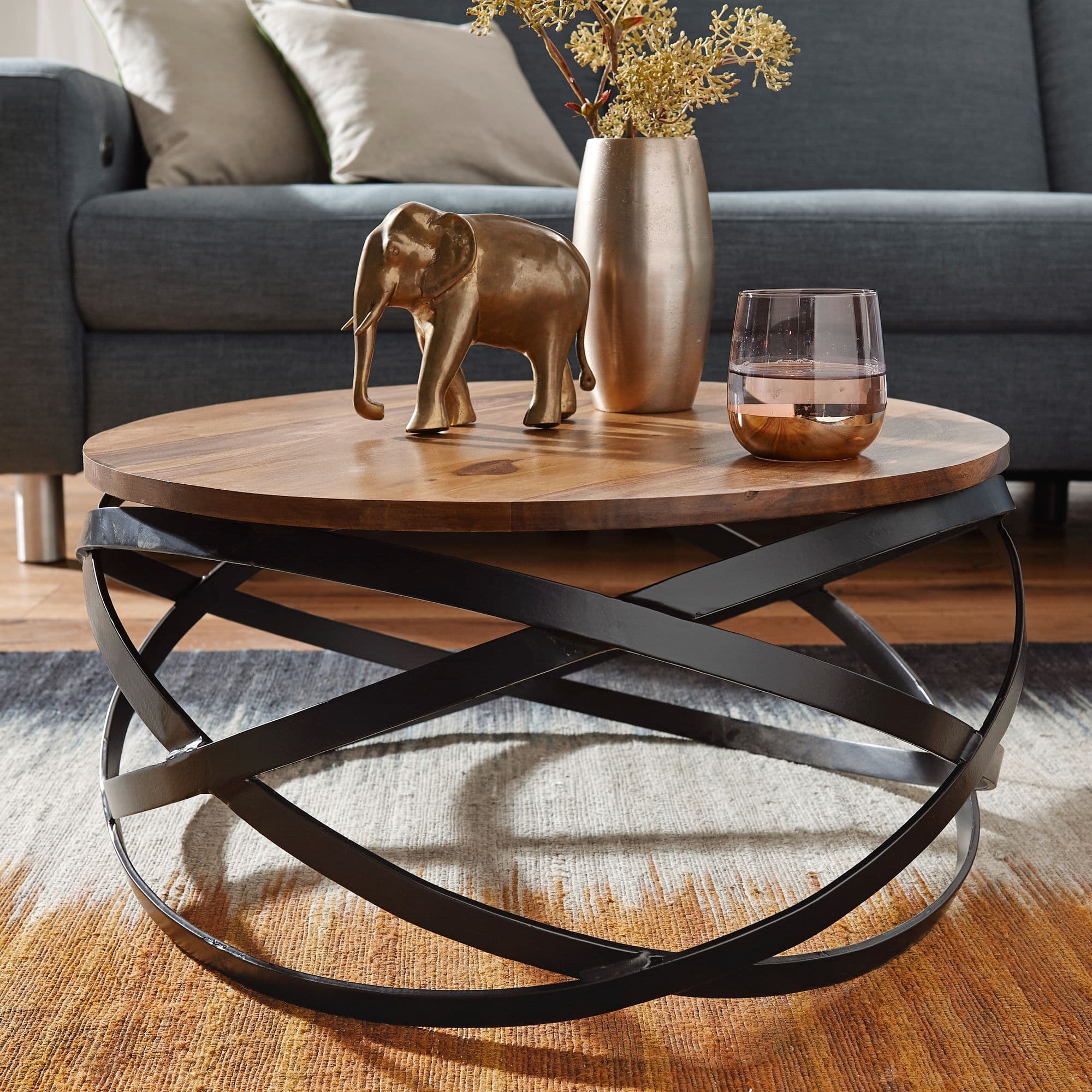 FineBuy Couchtisch MANUR rund aus Sheesham Massivholz Ø 60 cm – Wohnzimmertisch im Industrial Design mit schwarzem Metallgestell – Handgefertigter Holztisch Natur