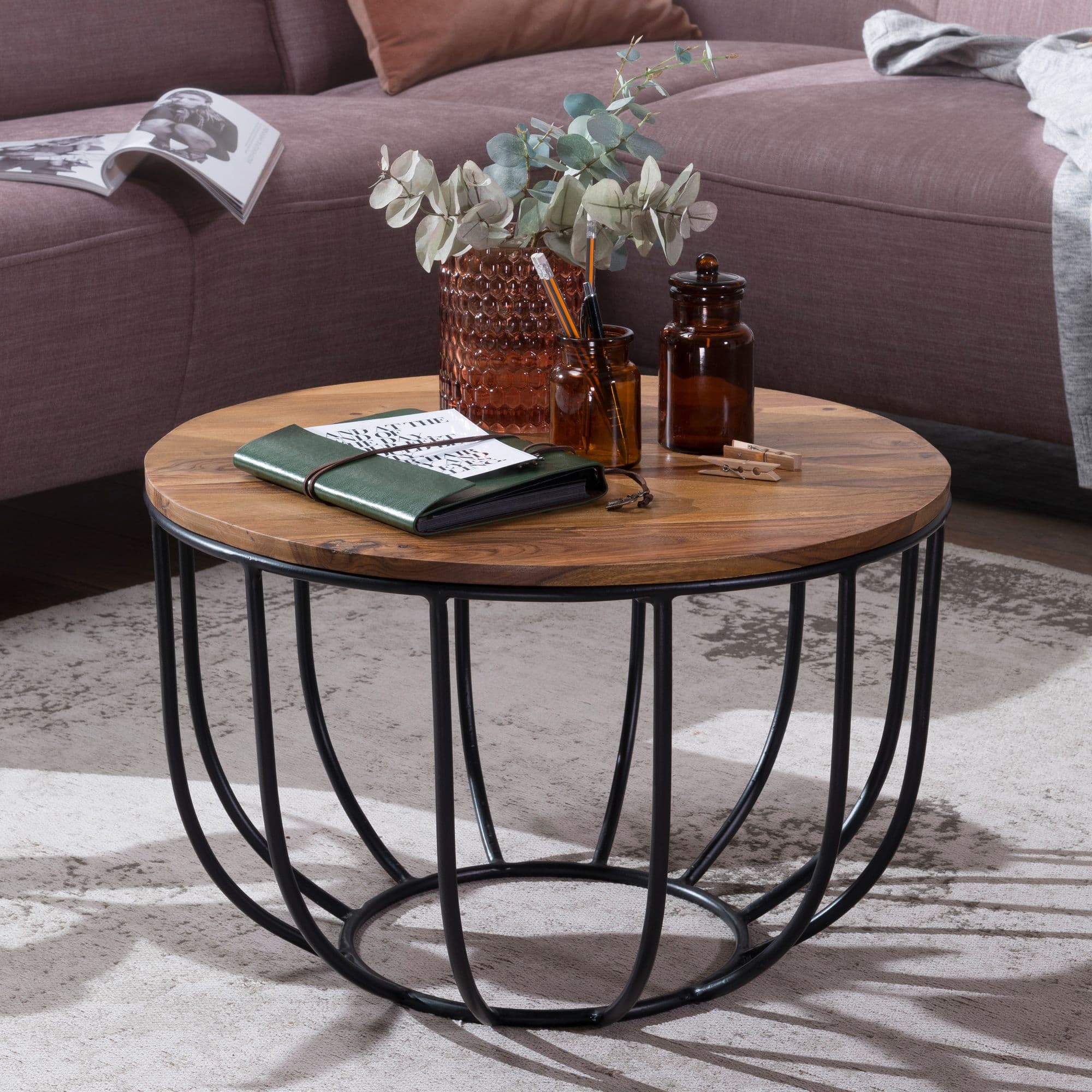 FineBuy Couchtisch Sheesham rund Ø 60 cm – Wohnzimmertisch aus Massivholz mit Metallgestell – Handgefertigter Sofatisch im modernen Industrial Design