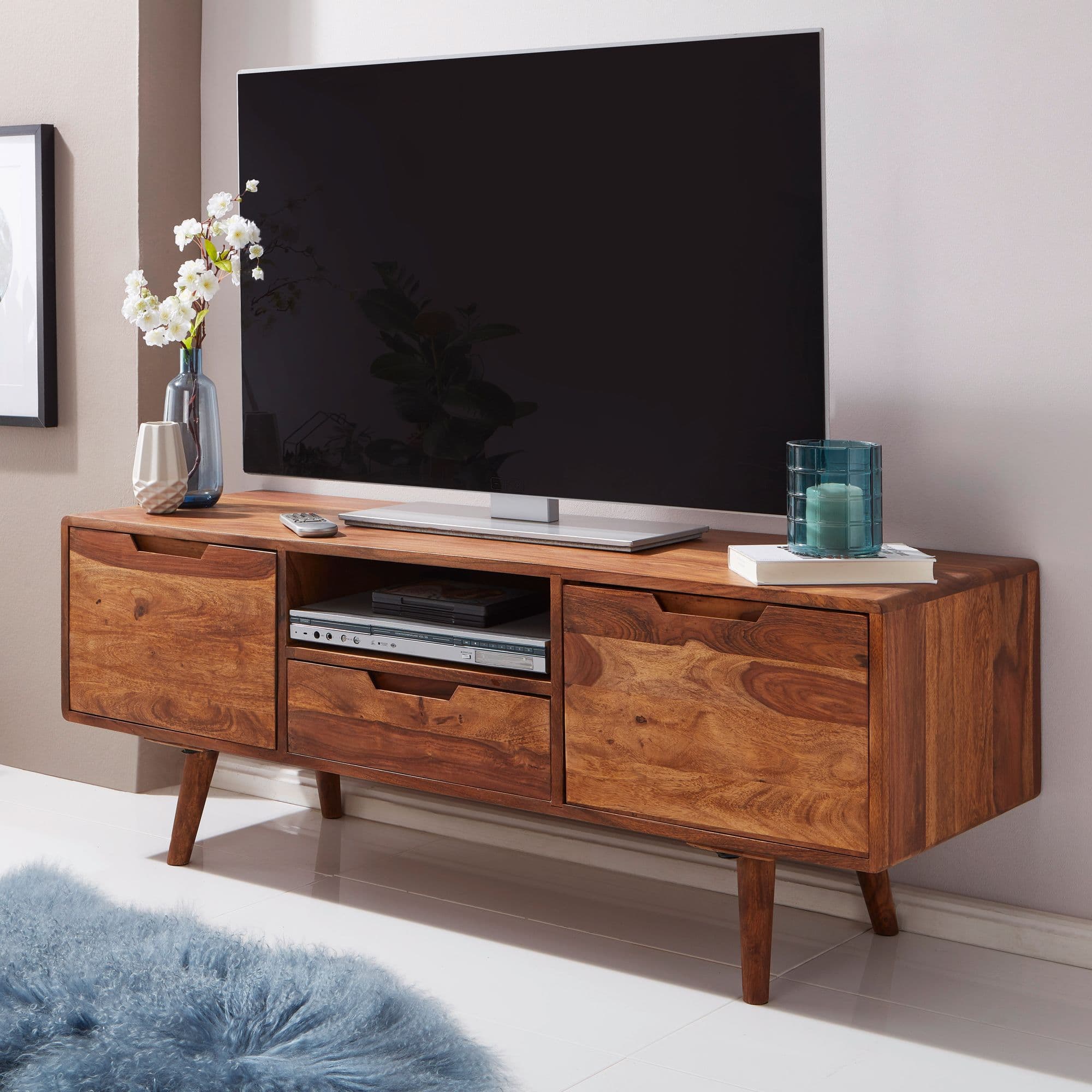 FineBuy HiFi Lowboard Sheesham Massivholz Landhaus TV Kommode 135x51x45cm, Fernsehschrank Unterschrank mit Schublade & 2 Türen, Fernsehtisch Ablagefach, Fernsehkommode TV Möbel