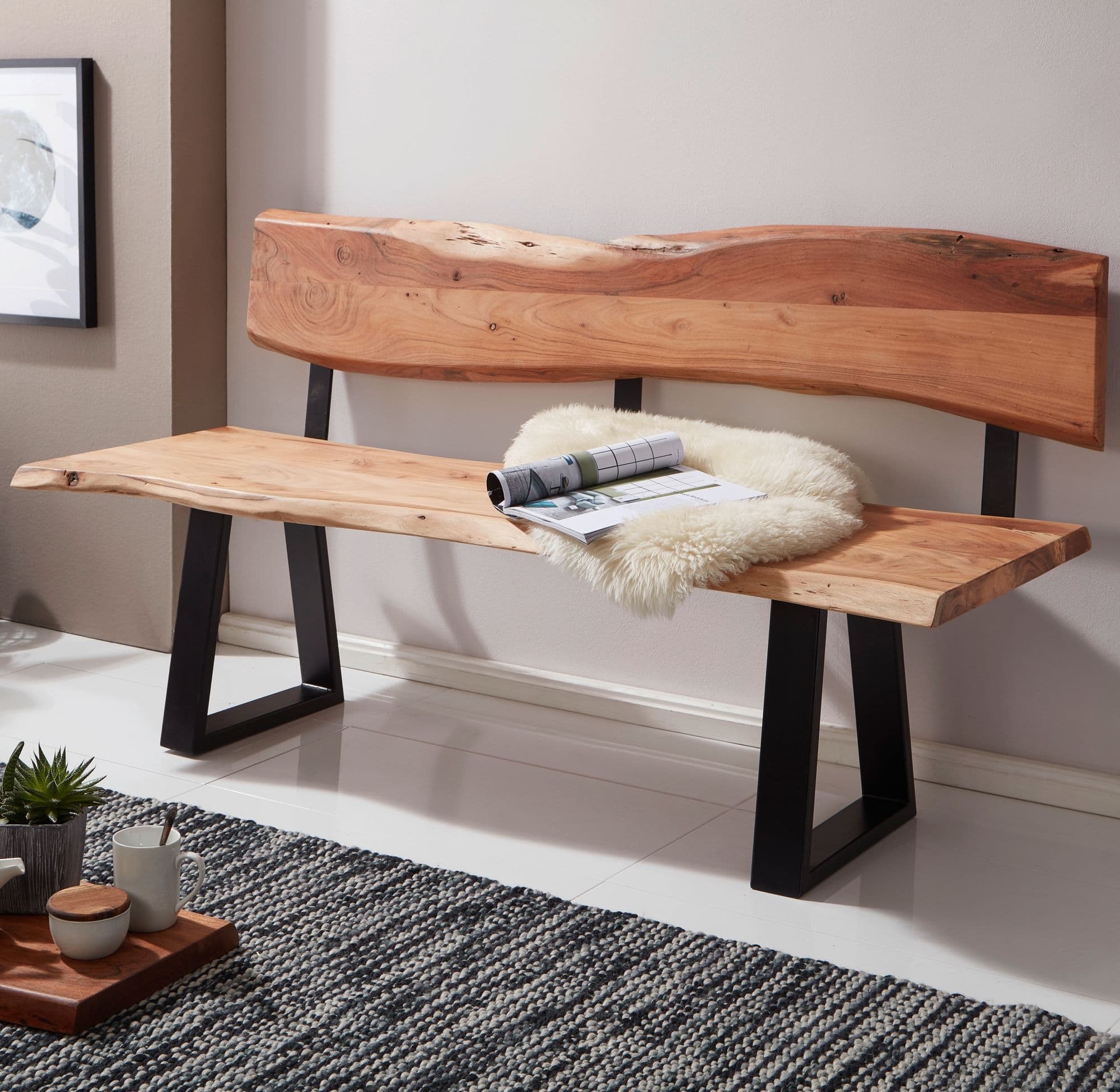 FineBuy Esszimmerbank TREE 180x85,5x60 cm Akazie Massivholz Bank mit Baumkante, Sitzbank Holzbank mit Lehne, Küchenbank Essbank Holz Landhausstil, Baumstamm Küchensitzbank 4 Sitzer Massiv