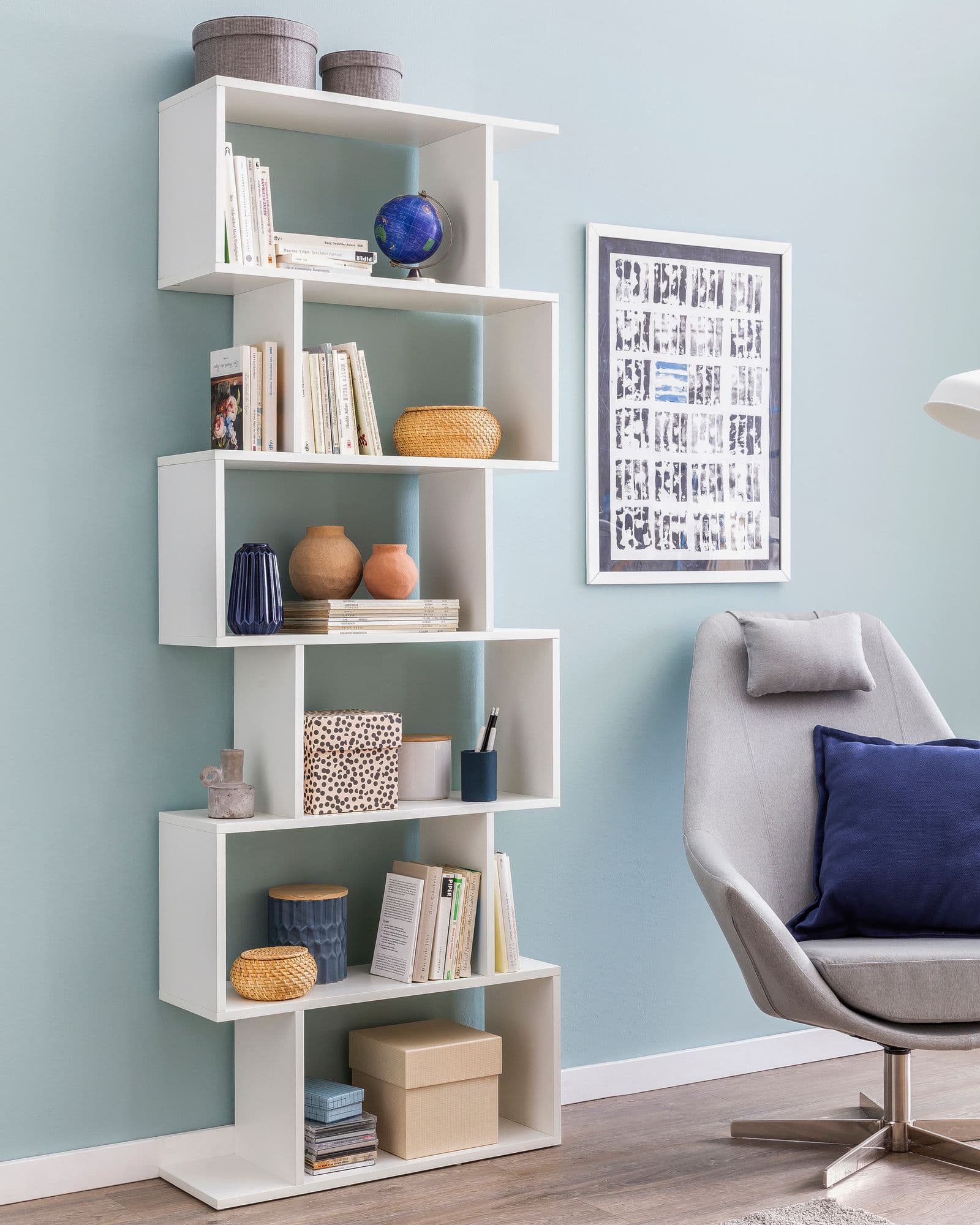FineBuy Bücherregal FB51366 70 x 23,5 x 190,5 cm weiß, Standregal 6 Fächer, Kleine Design Kommode, Modernes Aktenregal Spanplatte freistehend, Aufbewahrungsregal offen