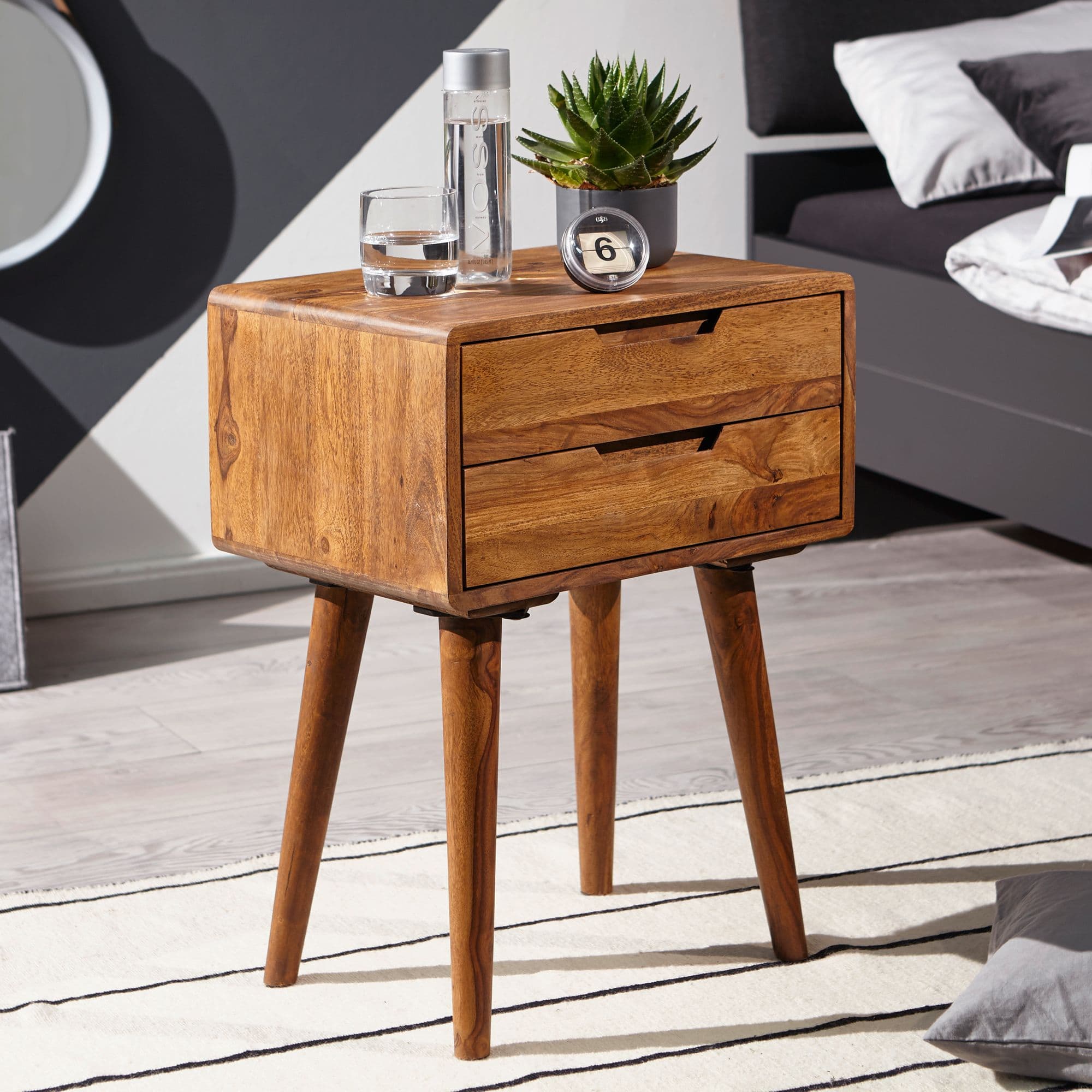 FineBuy Nachttisch Sheesham Massivholz mit 2 Schubladen - Nachtkästchen für Boxspringbett - Nachtkonsole Retro Design - Nachtkommode 47x66x36 cm
