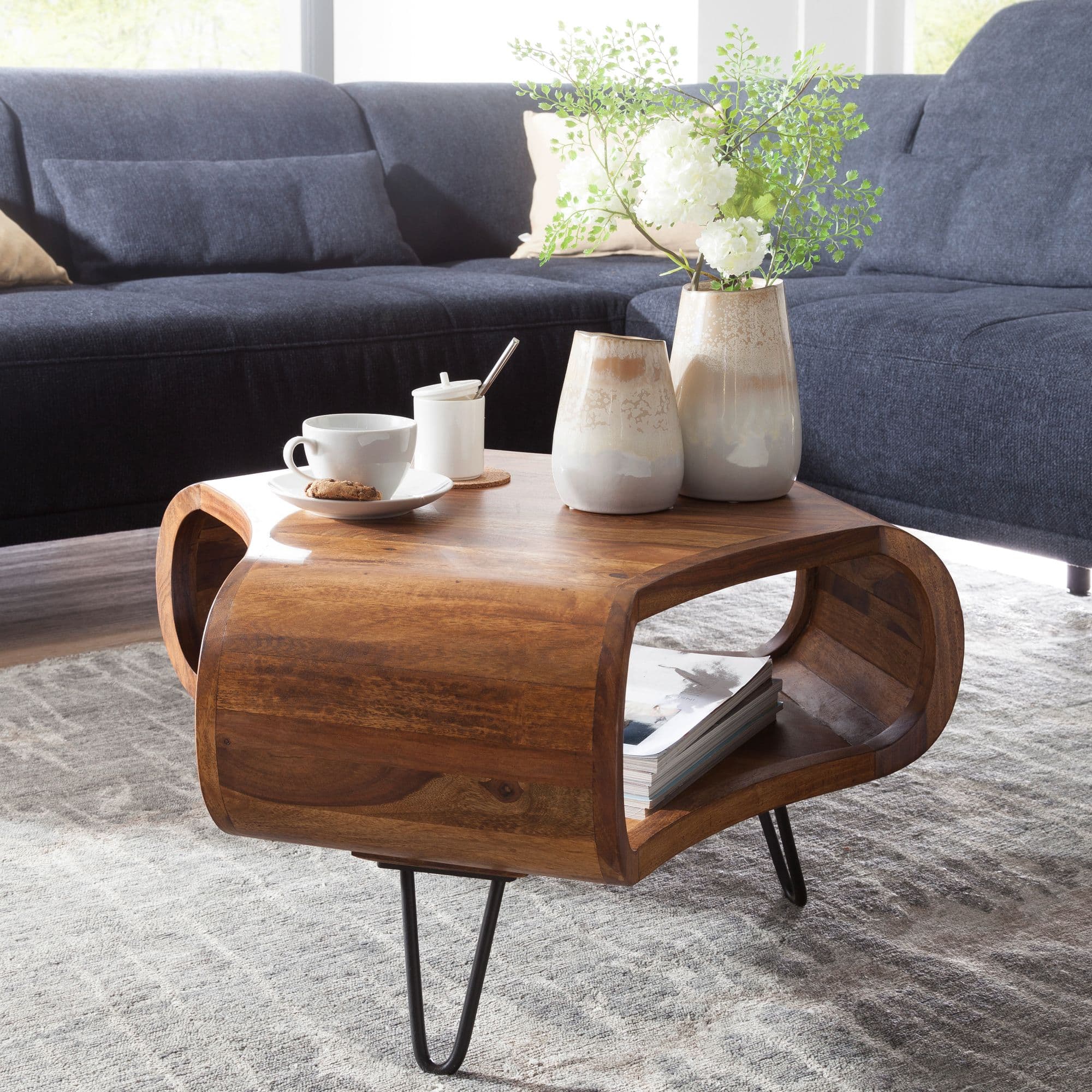 FineBuy Couchtisch Sheesham Massivholz 55x55x38 cm – Wohnzimmertisch mit Ablagefach und Metallbeinen | Design Tisch in Handarbeit | Retro Stil aus echtem Massivholz