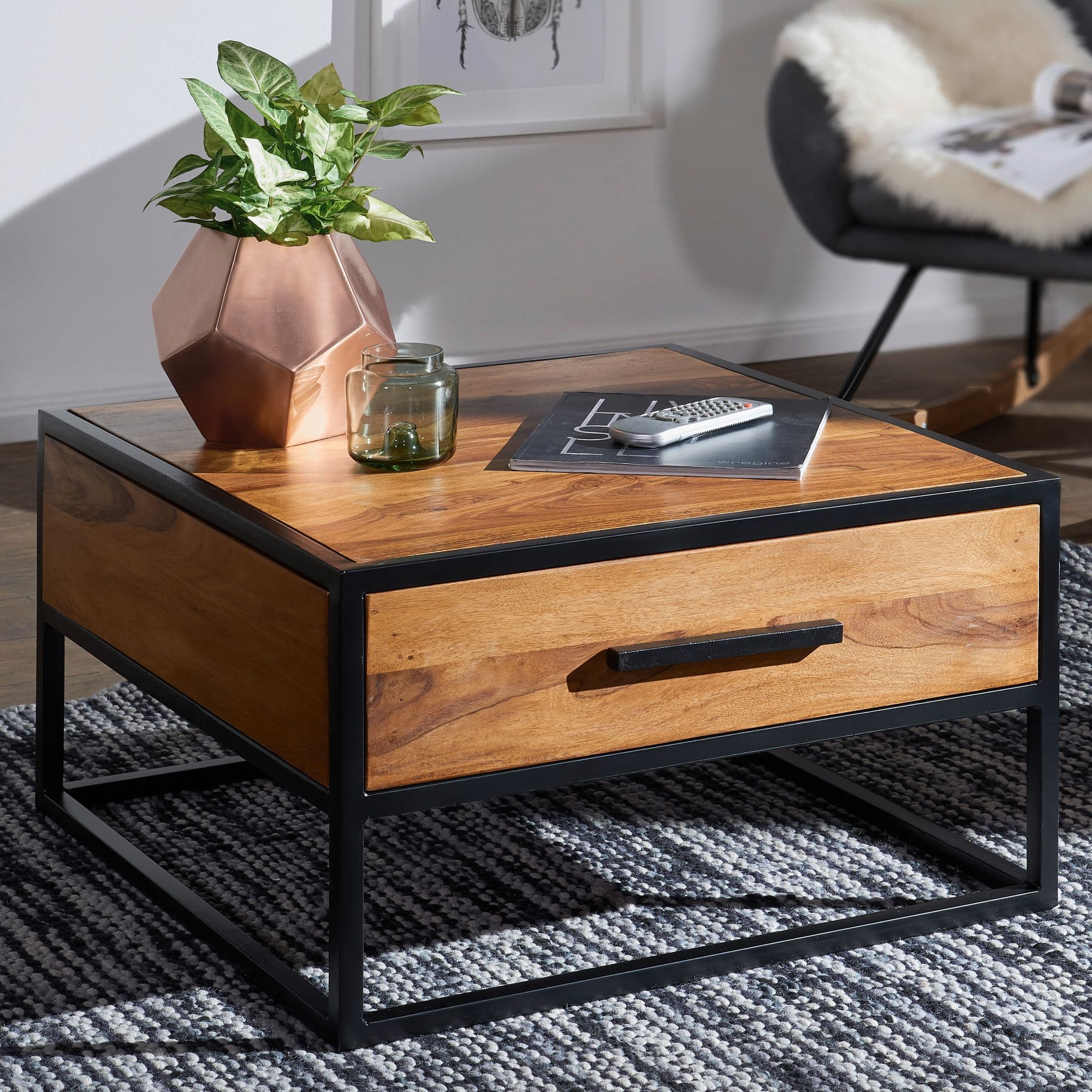 FineBuy Couchtisch FB51417 Massivholz / Metall Sofatisch 65x38x65cm, Design Wohnzimmertisch Sheesham, Stubentisch Industrial Braun, Designer Holztisch Kaffeetisch Massiv mit Schublade
