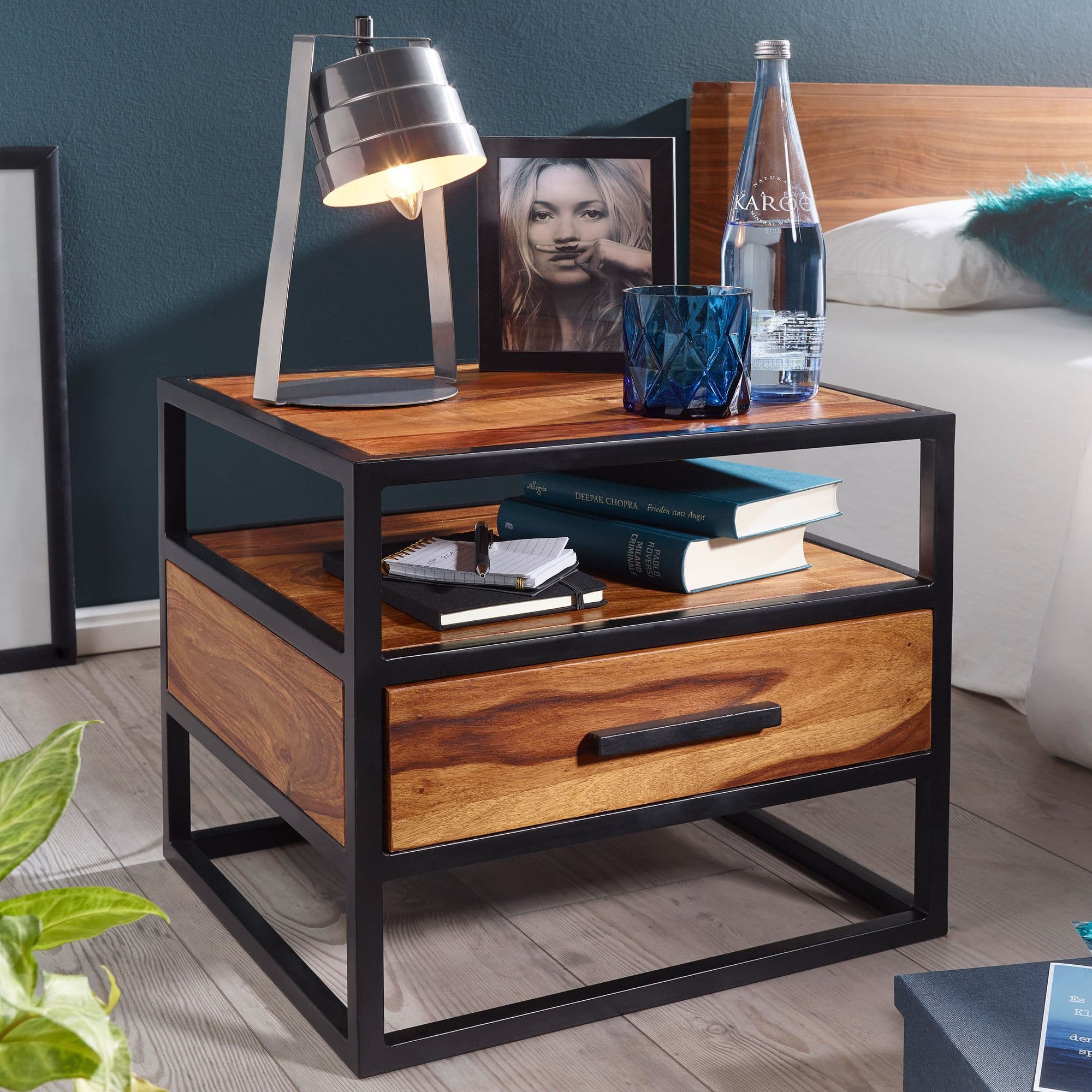 FineBuy Nachtkonsole Sheesham Massivholz mit Schublade & Ablage – Nachttisch im Industrial Design - Nachtkästchen handgefertigt fürs Schlafzimmer 50x45x45 cm