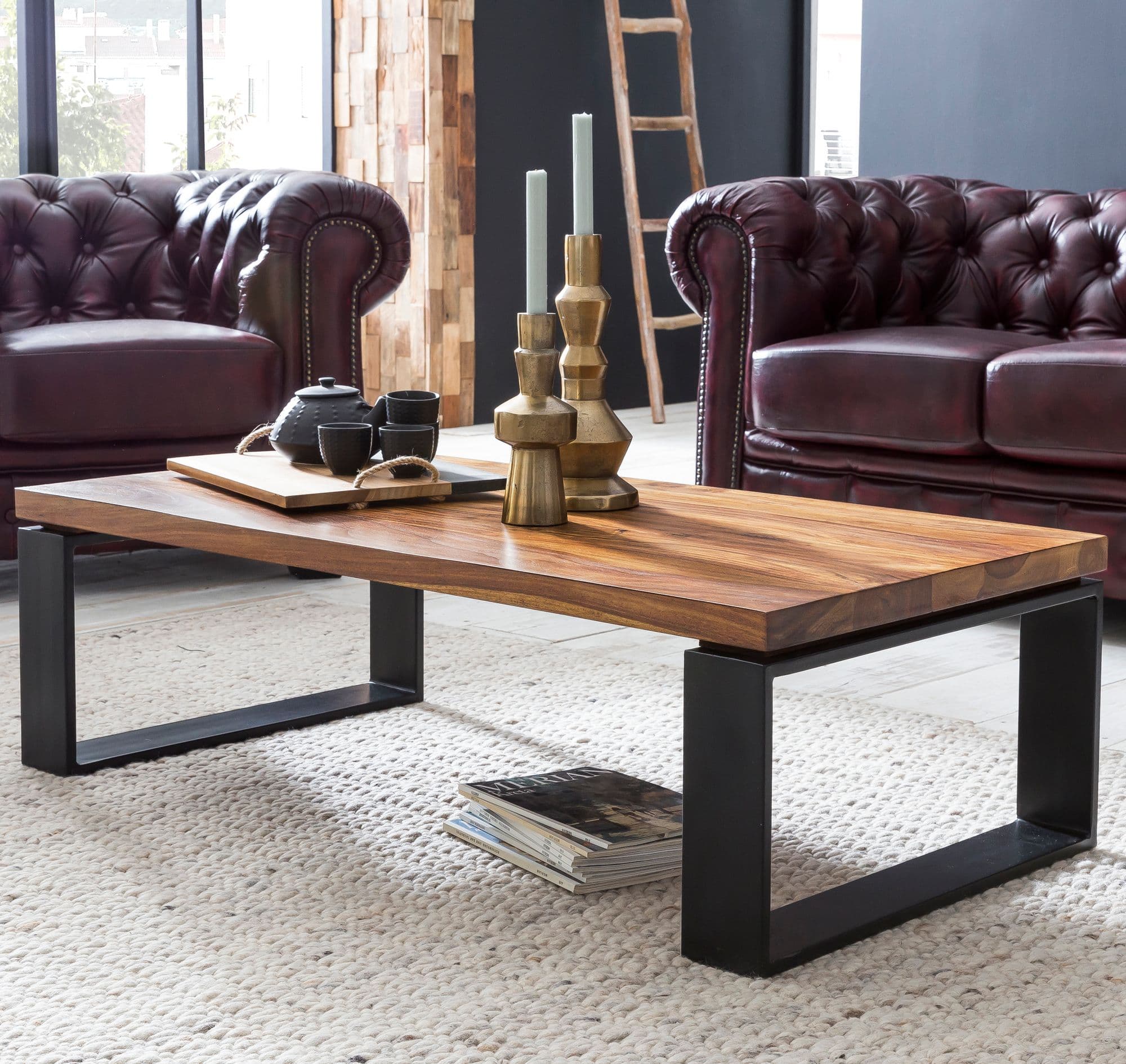 FineBuy Couchtisch Sheesham Massivholz 115cm · Rechteckiger Wohnzimmertisch mit Metall Kufengestell · Industrial Design eckig