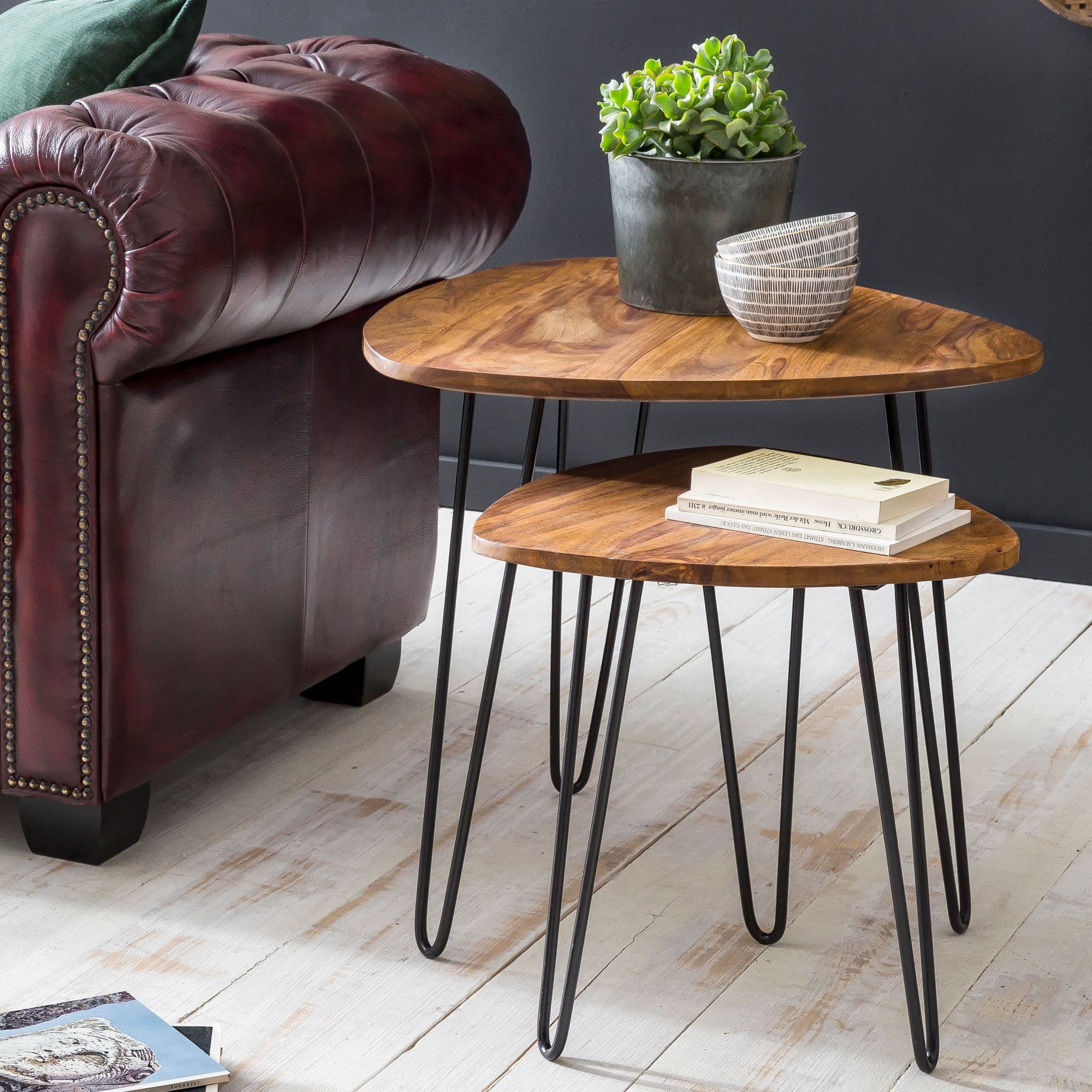 FineBuy Design Satztisch FB51455 Sheesham Metall Beistelltisch 2er Set klein, Couchtisch Set 2 Holz Tische, Massivholz Wohnzimmertisch Metallgestell, Schmaler Sofatisch Ablagetisch