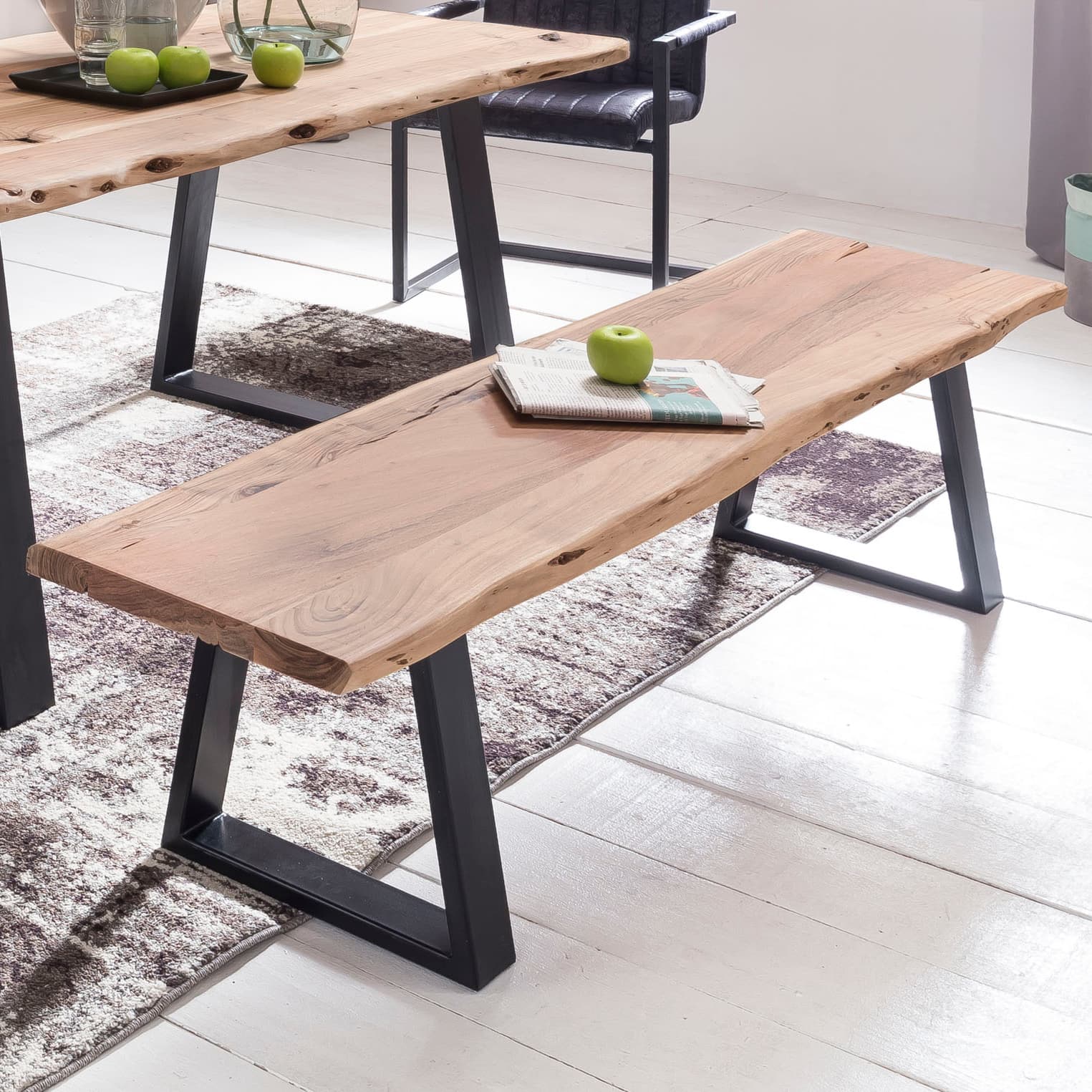 FineBuy Esszimmer-Bank FB51969 Baumstamm Massivholz Akazie 160 x 45 x 40 cm, Robuste Naturholz Küchenbank mit hoher Stabilität, Echtholz Essbank mit Baumkante, Holzbank im Landhaus-Stil