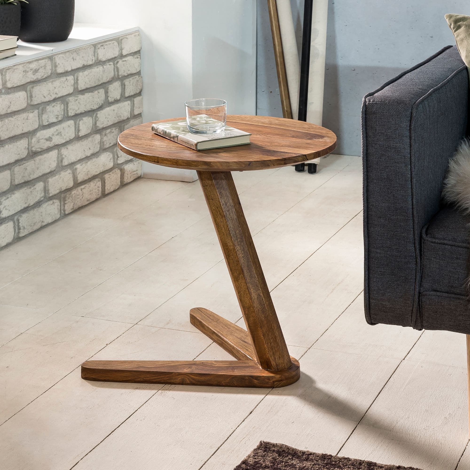 FineBuy Beistelltisch Massivholz Sheesham Design Wohnzimmertisch 45 x 45 cm rund Nachttisch 50 cm hoch Naturholz Landhausstil