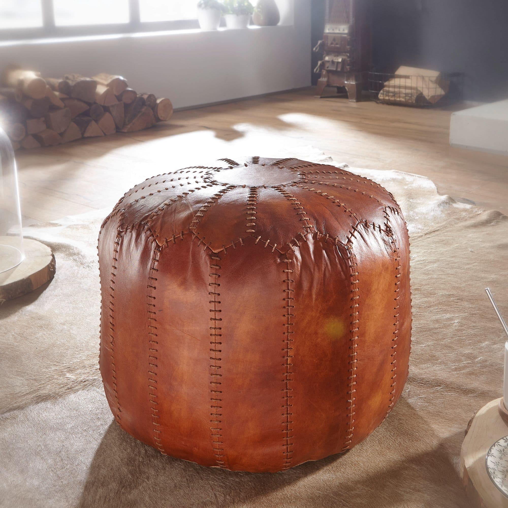 FineBuy Sitzhocker Echtleder Braun 52 x 40 x 52 cm Ottomane Wohnzimmer, Design Pouf Hocker Orientalisch, Polsterhocker Orient Beinablage Sofa