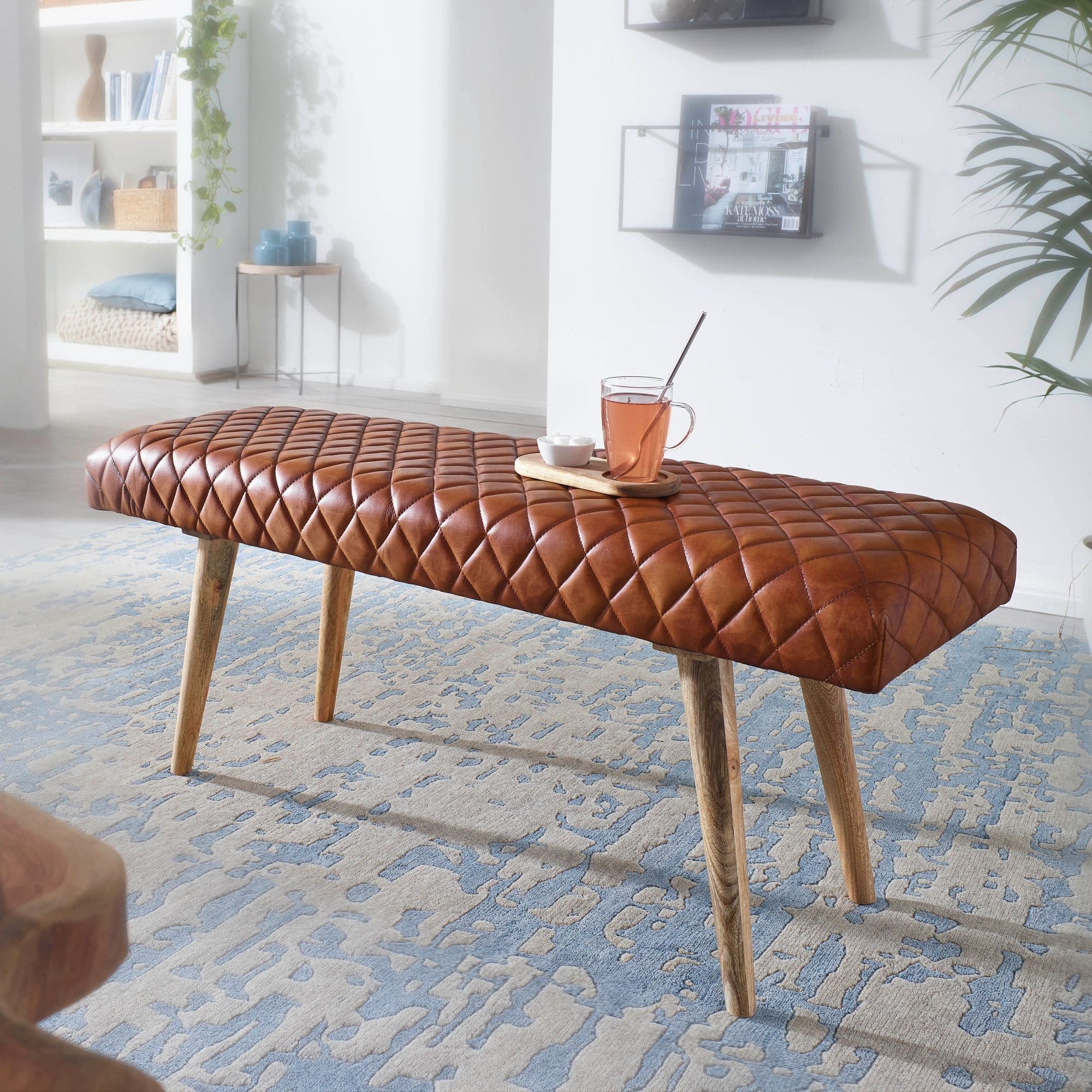 FineBuy gepolsterte Sitzbank 115 cm Massivholz Echtleder Braun - Retro Polsterbank für Garderobe Schlafzimmer & Wohnzimmer - Garderobenbank Eingangsbereich