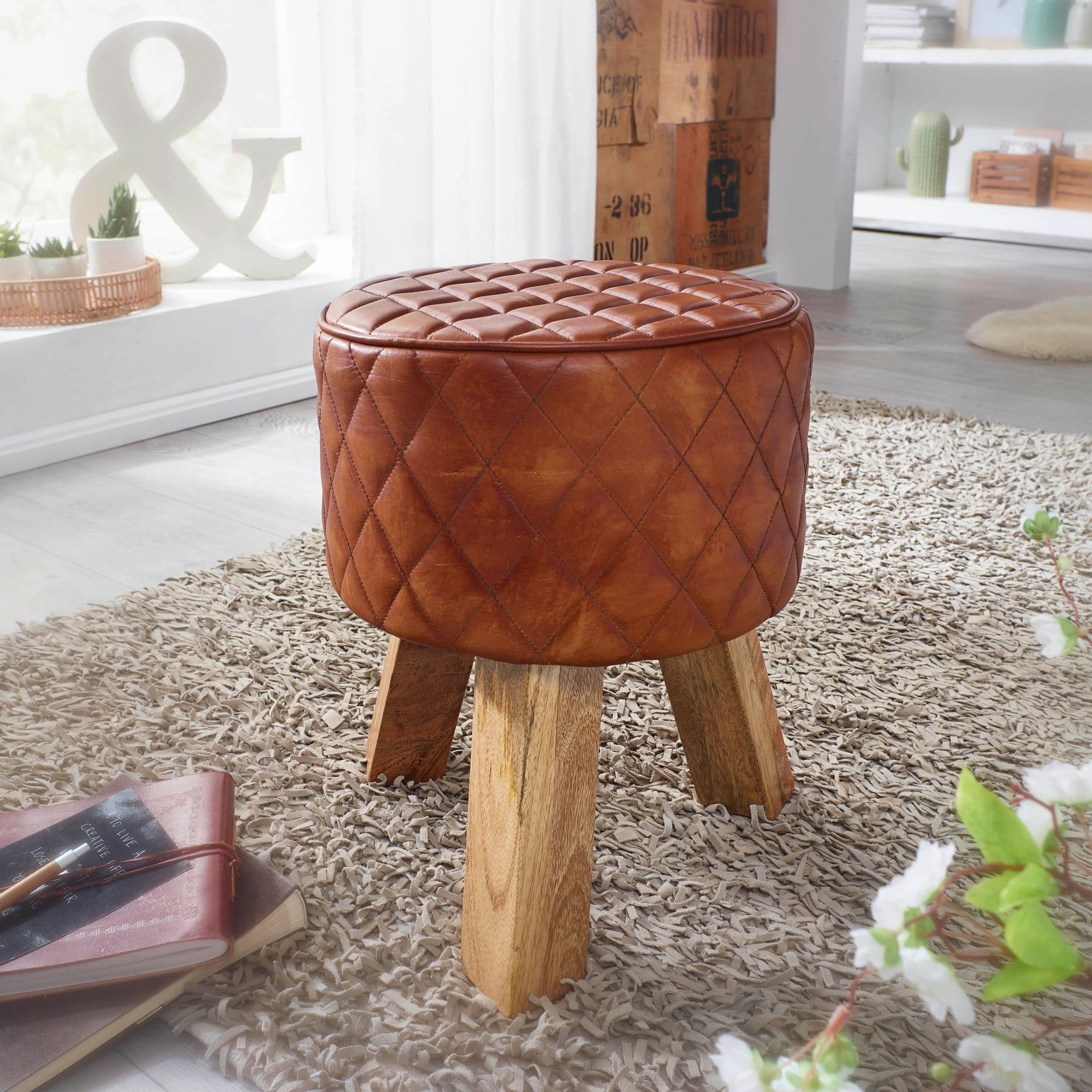 FineBuy Sitzhocker Echtleder / Massivholz 35x46x35 cm Modern Fußhocker Rund, Turnbock Lederhocker Braun, Kleiner Hocker Gepolstert, Holzhocker mit Leder-Bezug