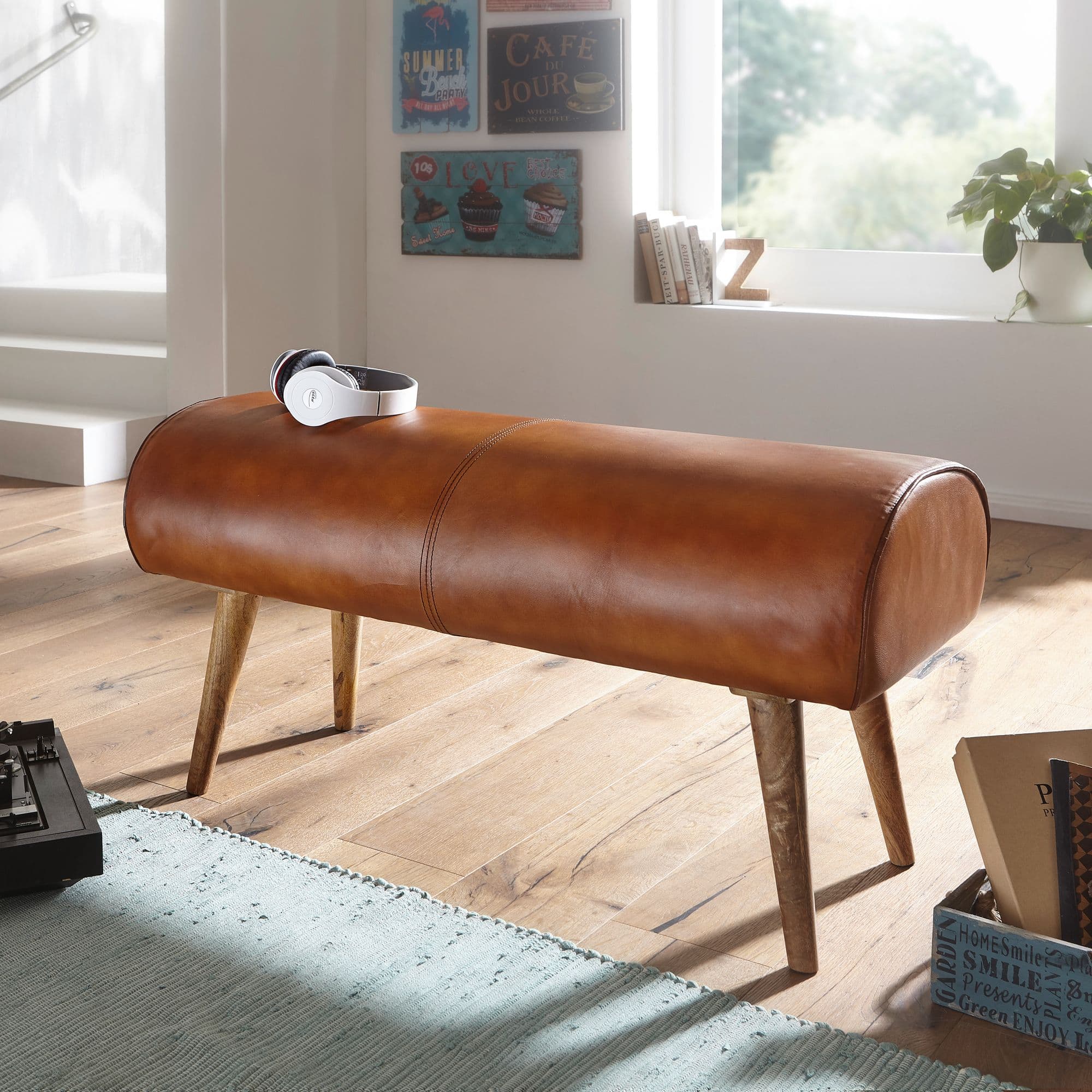 FineBuy Design Sitzbank Turnbock 100cm Braun Echtleder & Mangoholz - Retro Sitzhocker - Lederhocker mit Holzbeinen - Sprinbock Hocker - Garderobenbank