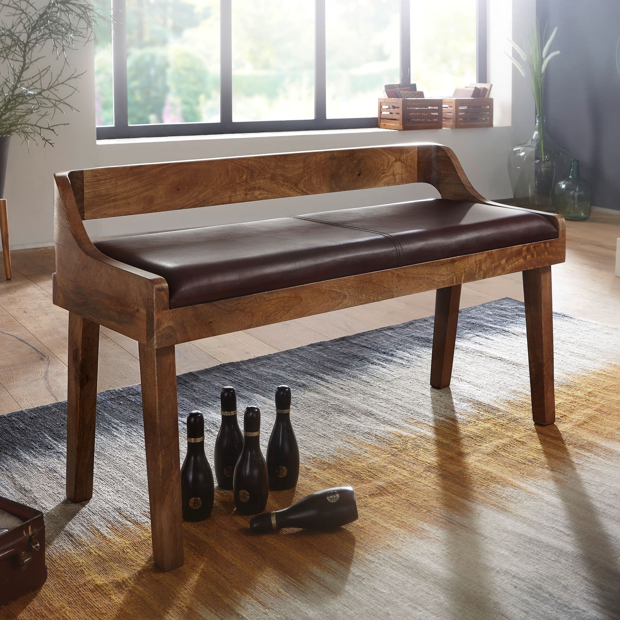 FineBuy gepolsterte Sitzbank mit Lehne 108 cm Massivholz Echtleder Braun - Retro Bank für Garderobe Schlafzimmer & Wohnzimmer - Garderobenbank Eingangsbereich