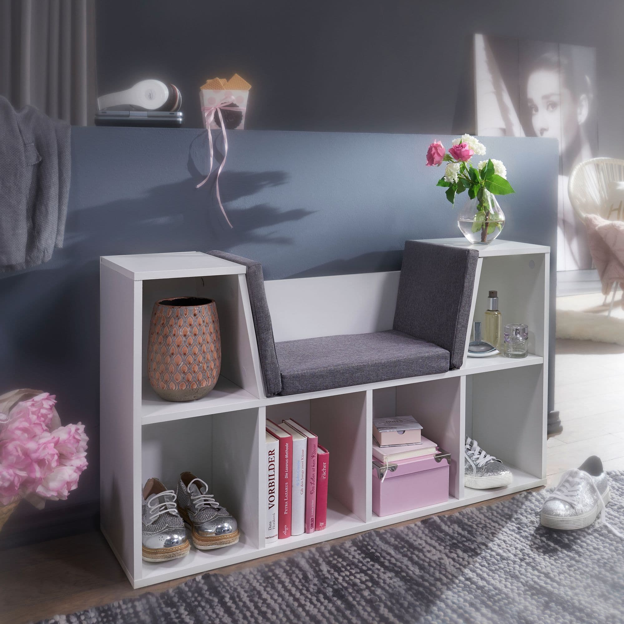 FineBuy Sitzbank mit Stauraum Garderobe Regal Weiß 100 cm Standregal Garderobenbank mit Sitzauflage