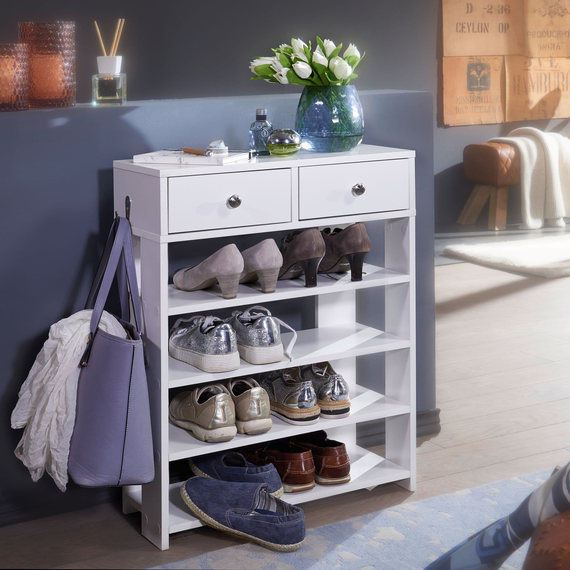 FineBuy Design Schuhregal 60 x 79 x 24 cm Flurregal Weiß, Regal mit zwei Schubladen, Hohes Standregal mit 4 Fächern