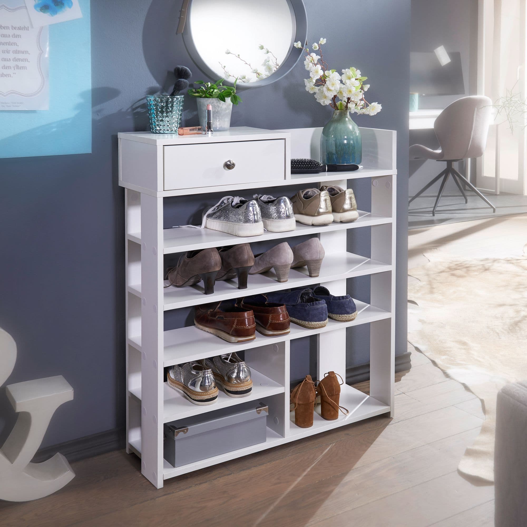 FineBuy Design Schuhregal 75 x 92,5 x 24 cm Flurregal Weiß, Hohes Standregal mit 7 Fächern, Regal mit Schublade
