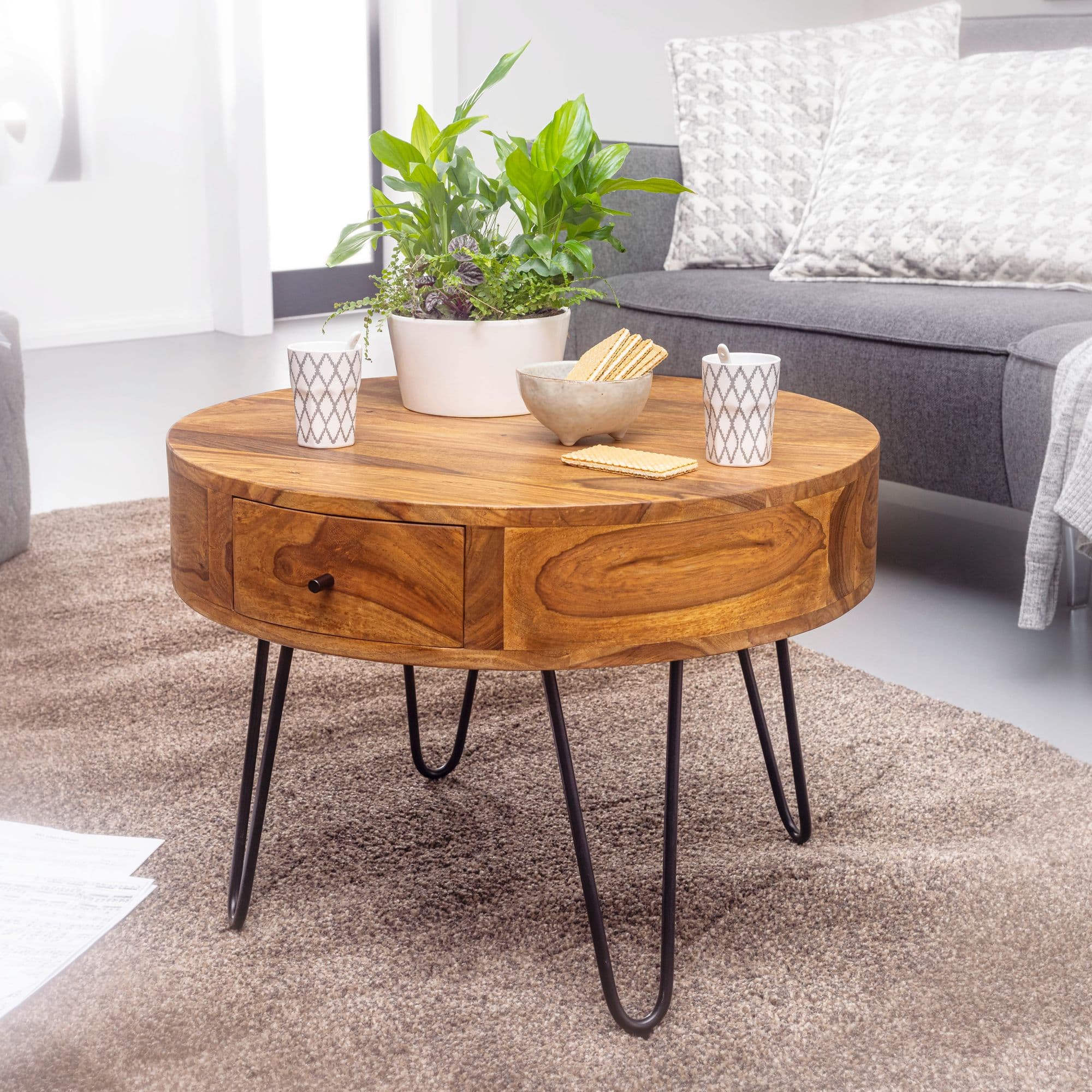 FineBuy Couchtisch Sheesham Massivholz rund Ø 60 cm – Wohnzimmertisch mit Schublade & schwarzen Hairpin Beinen | Retro Design Holztisch handgefertigt